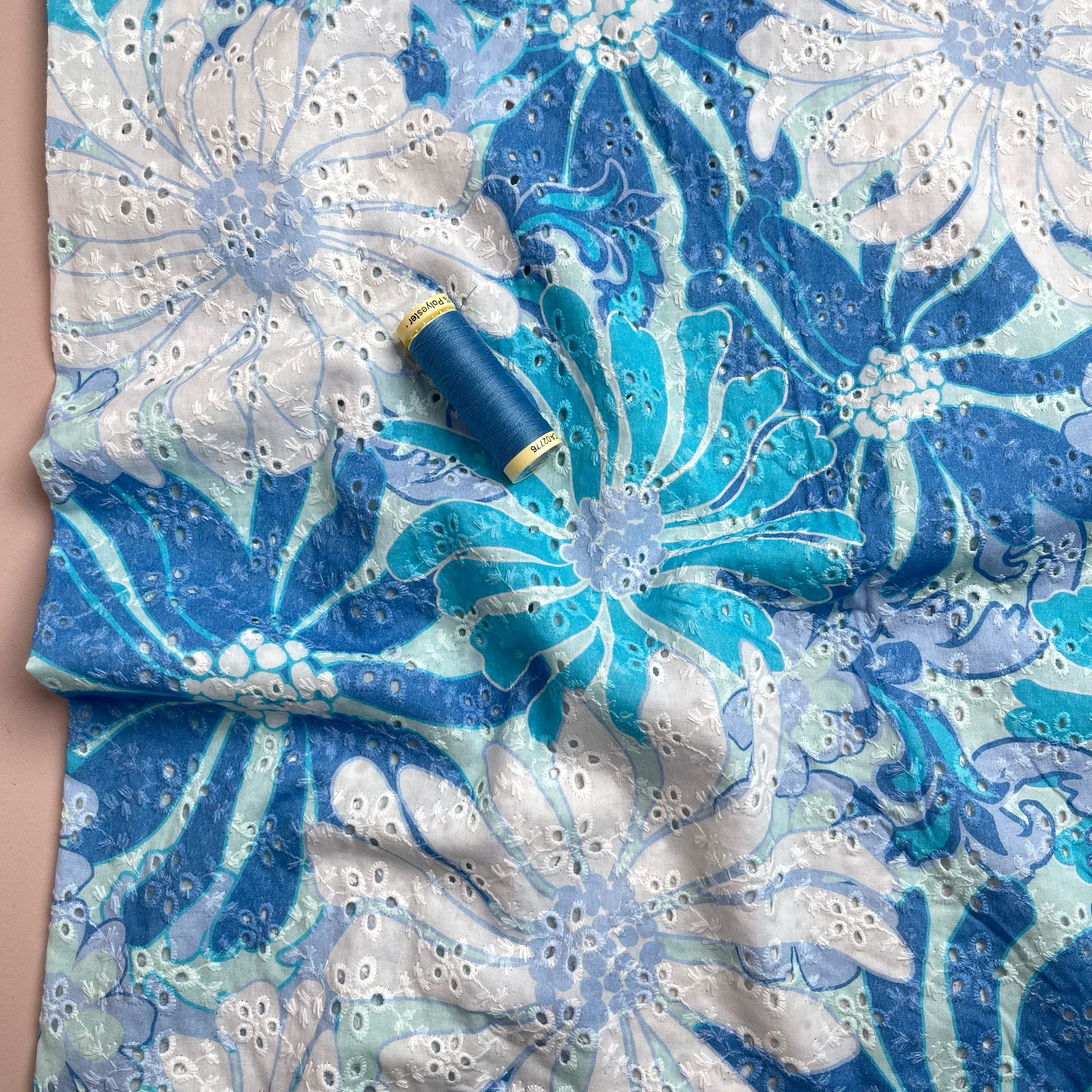 Aqua Flowers Cotton Broderie Anglaise
