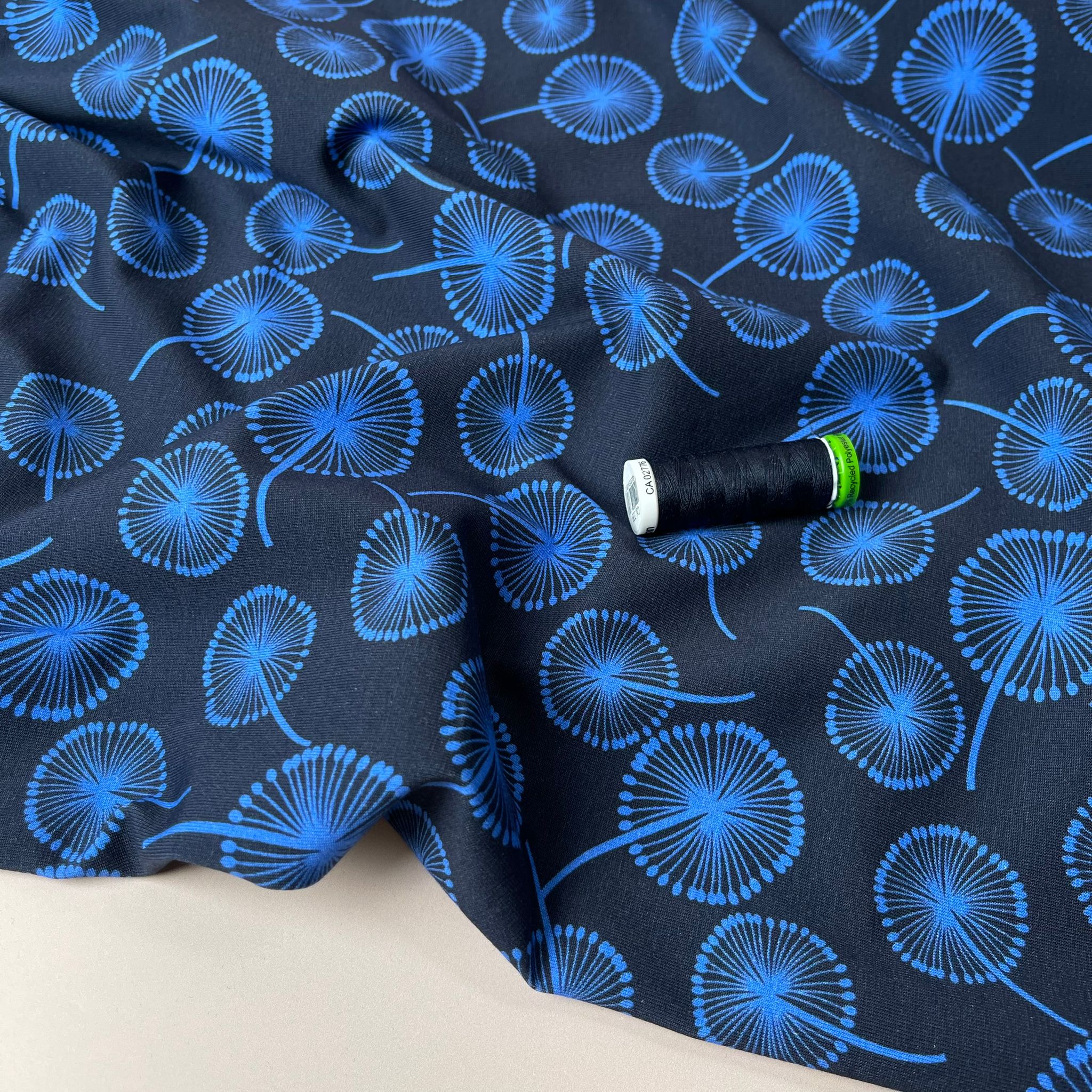 Danish Design - Cobalt Dandelions on Navy Cotton Jersey Fabric