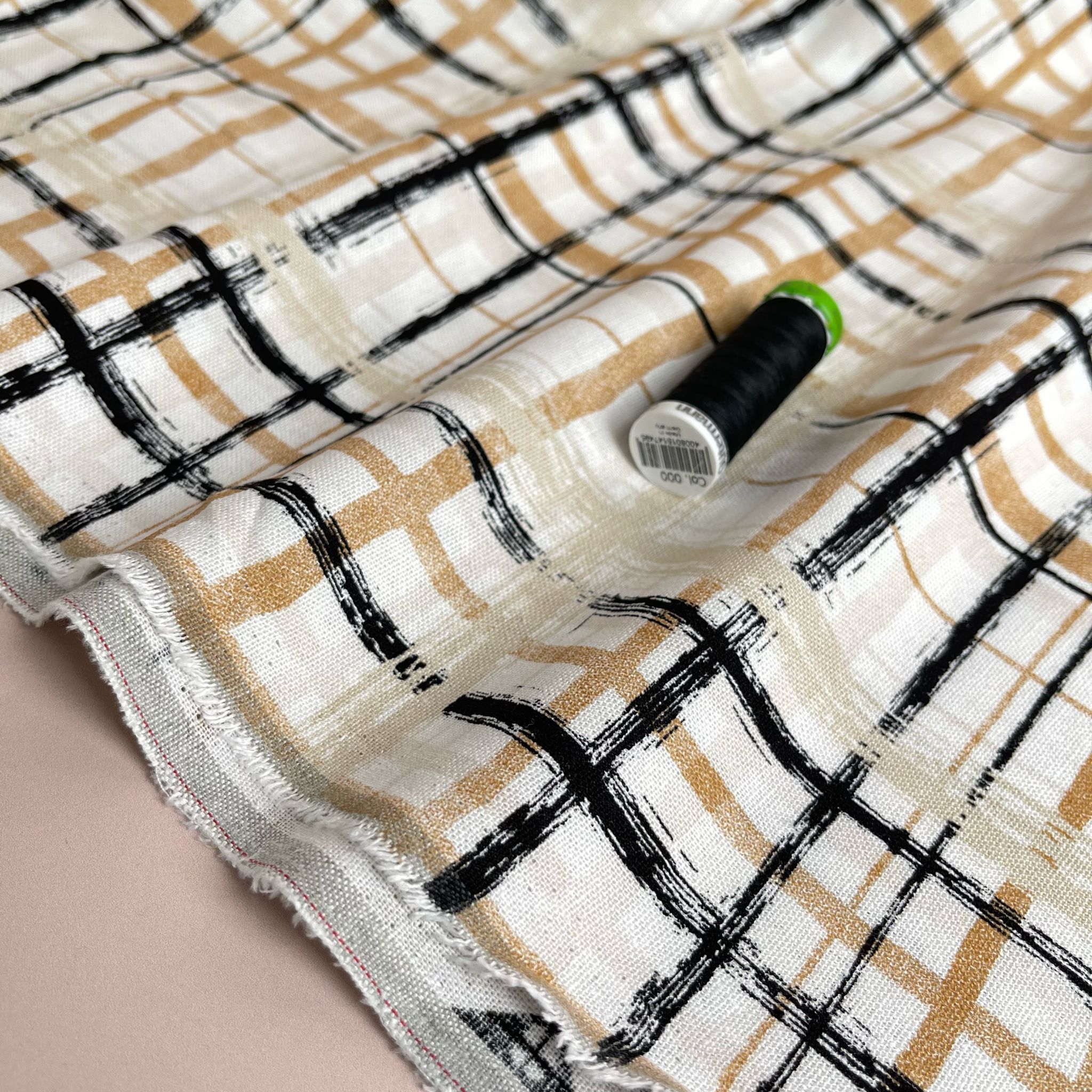 Hand painted Check in Beige Linen Viscose Blend Fabric