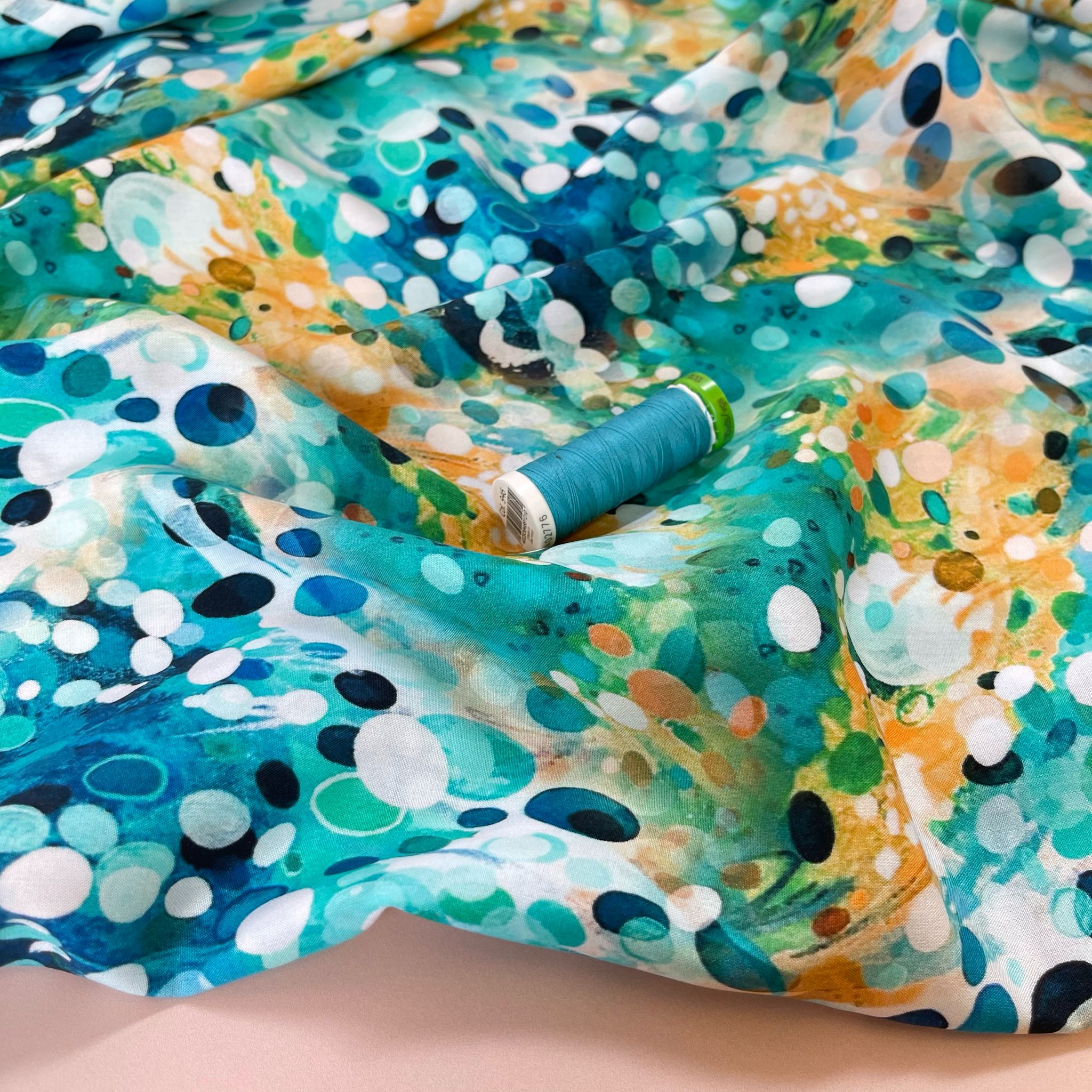 Ocean Watercolour Drops Viscose Poplin Fabric