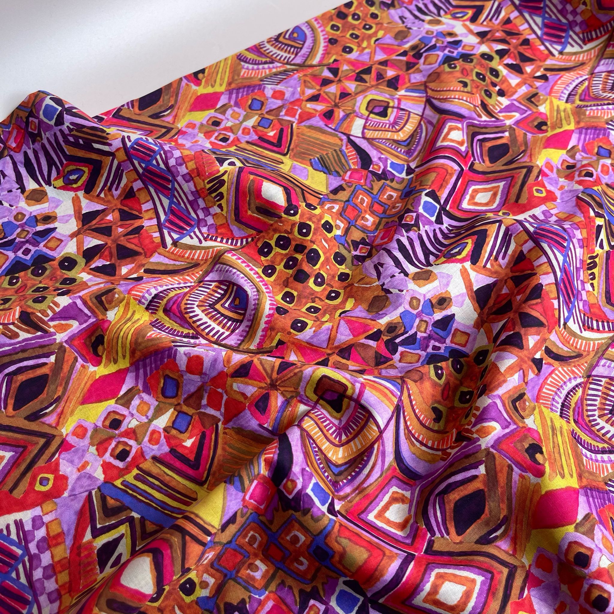REMNANT 1.6 Metres - Painted Autumn Aztec Cotton Voile Fabric
