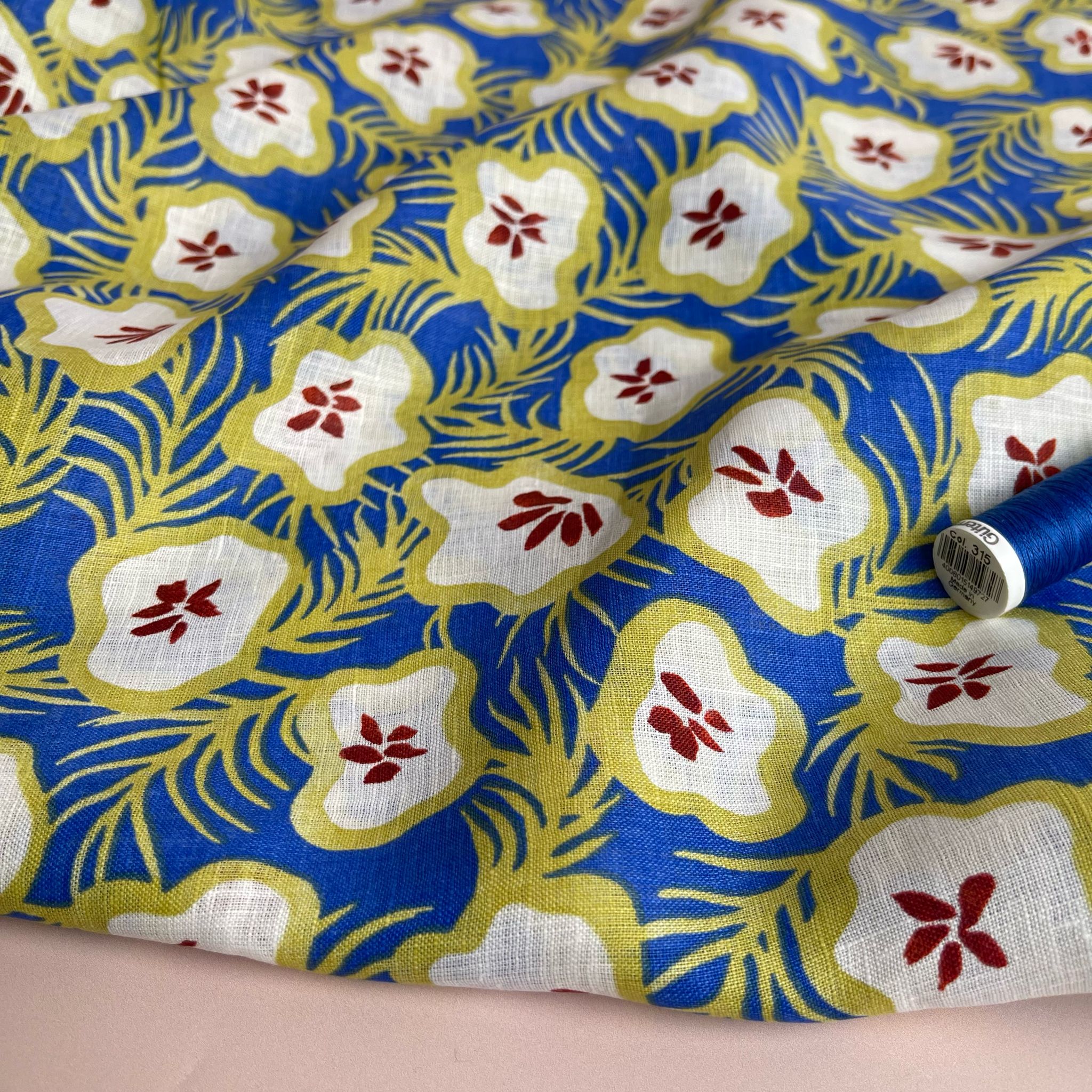 Ex-Designer Deadstock Tropical Fruits on Cobalt Pure Linen Fabric