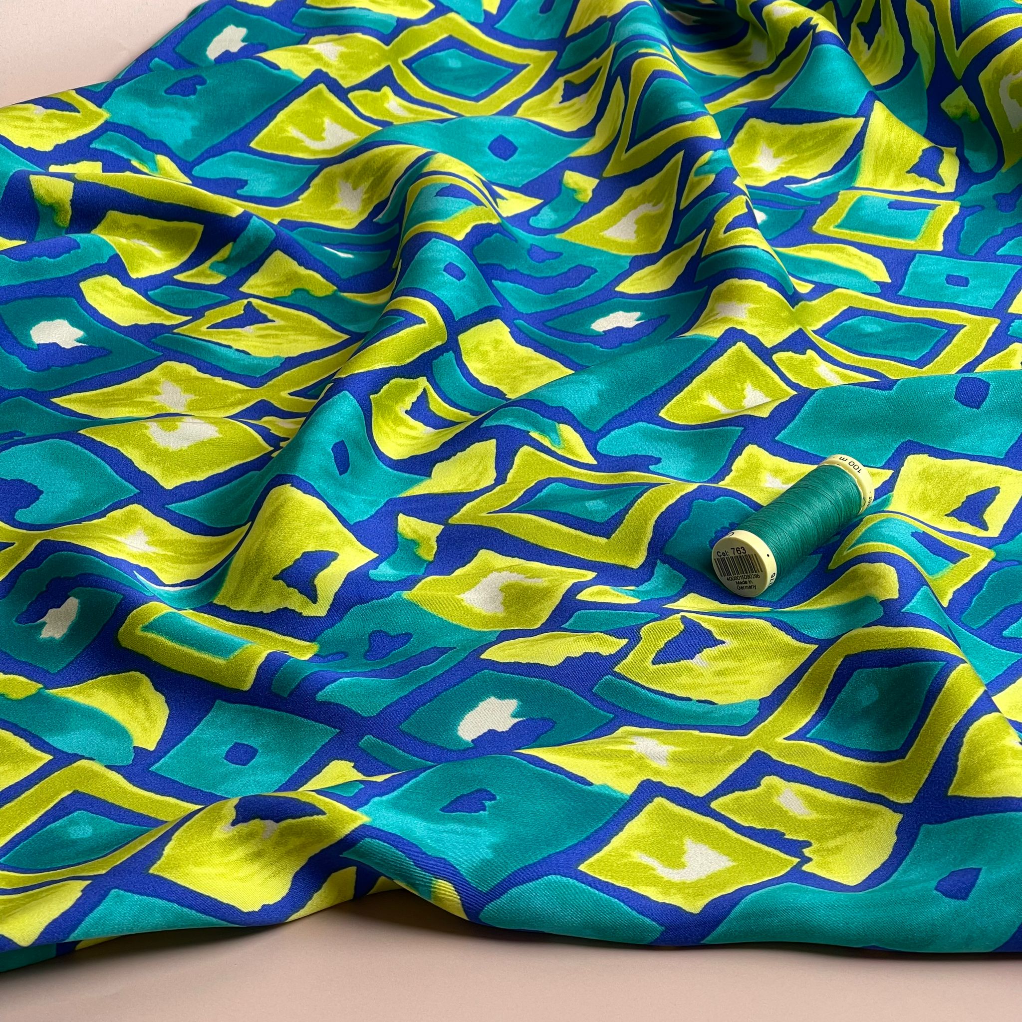 REMNANT 0.43 Metre - Painted Ocean Waves Diamonds Viscose Sateen Fabric