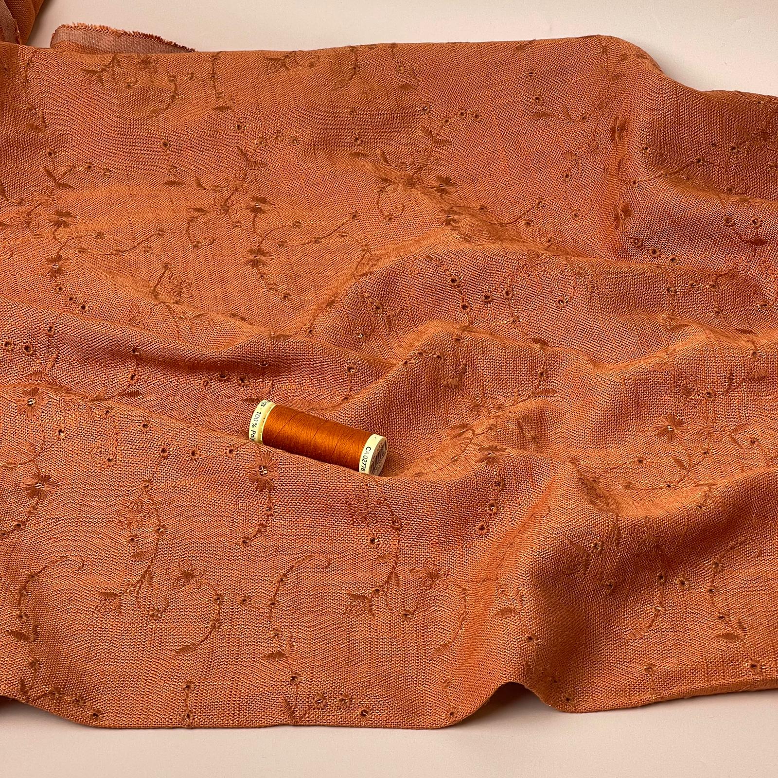 REMNANT 1.09 Metres - Floral Vines on Rust Embroidered Viscose Linen Fabric