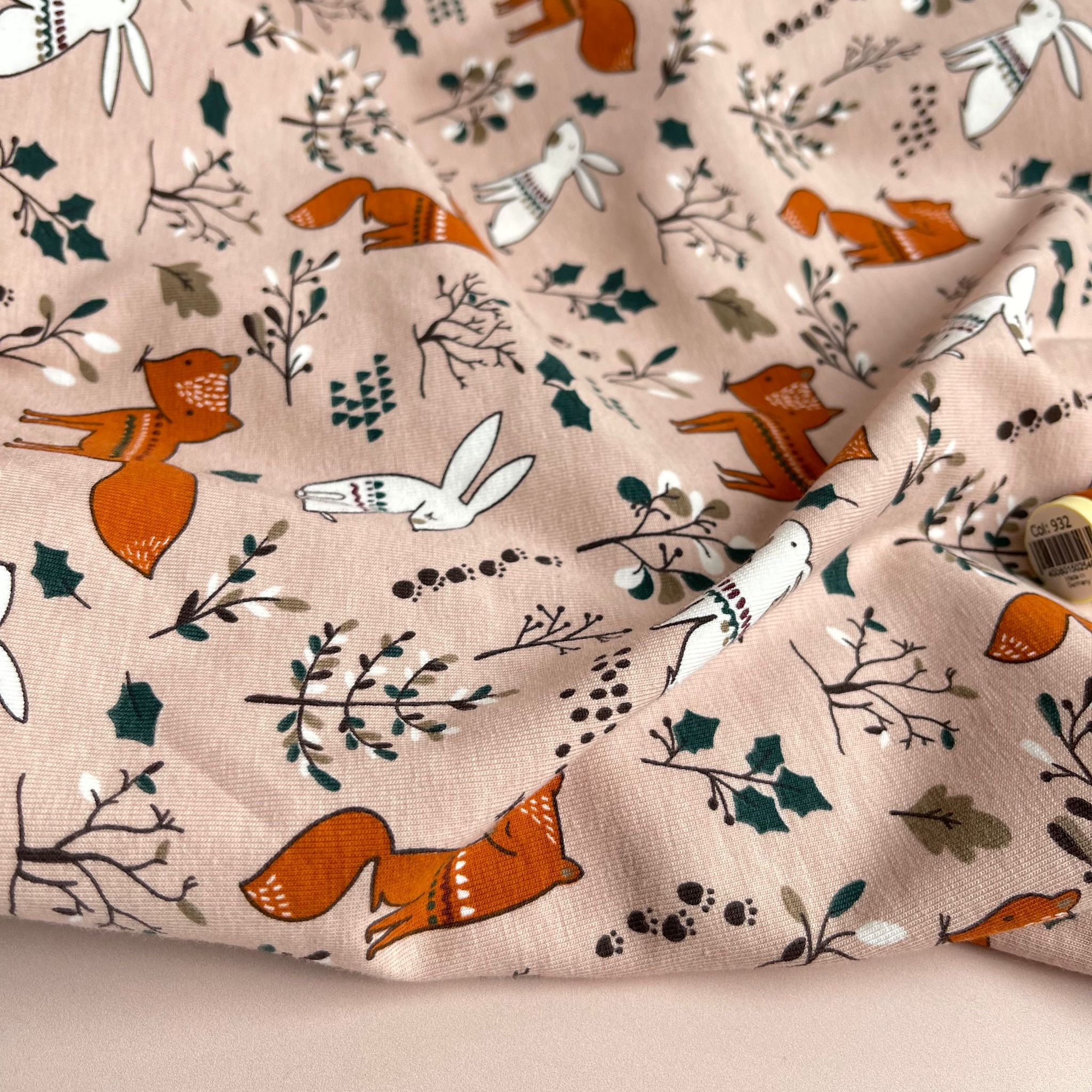 Foxes and Rabbits on Pink Cotton Jersey Fabric