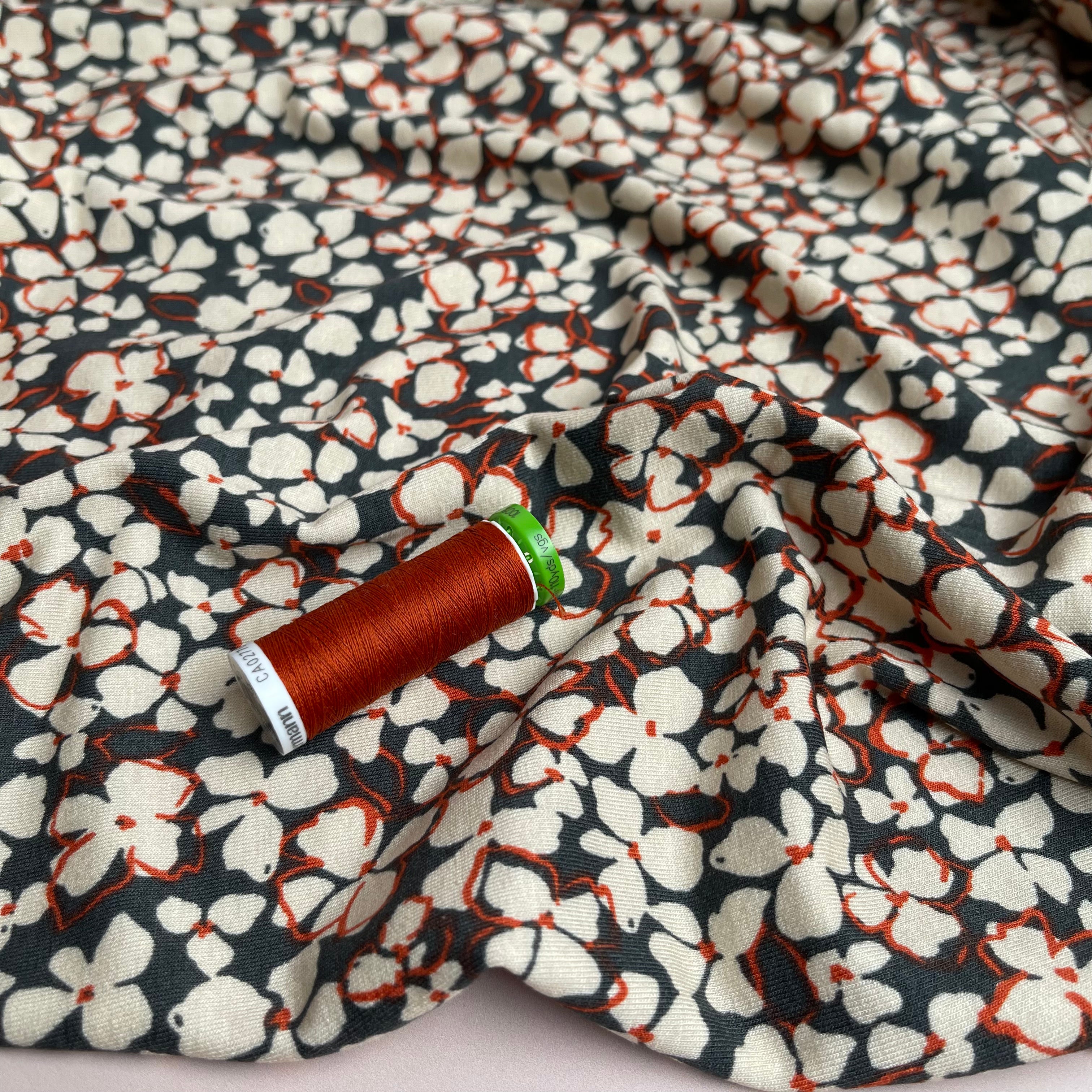 REMNANT 0.58 Metres - Petals on Grey Viscose Jersey Fabric