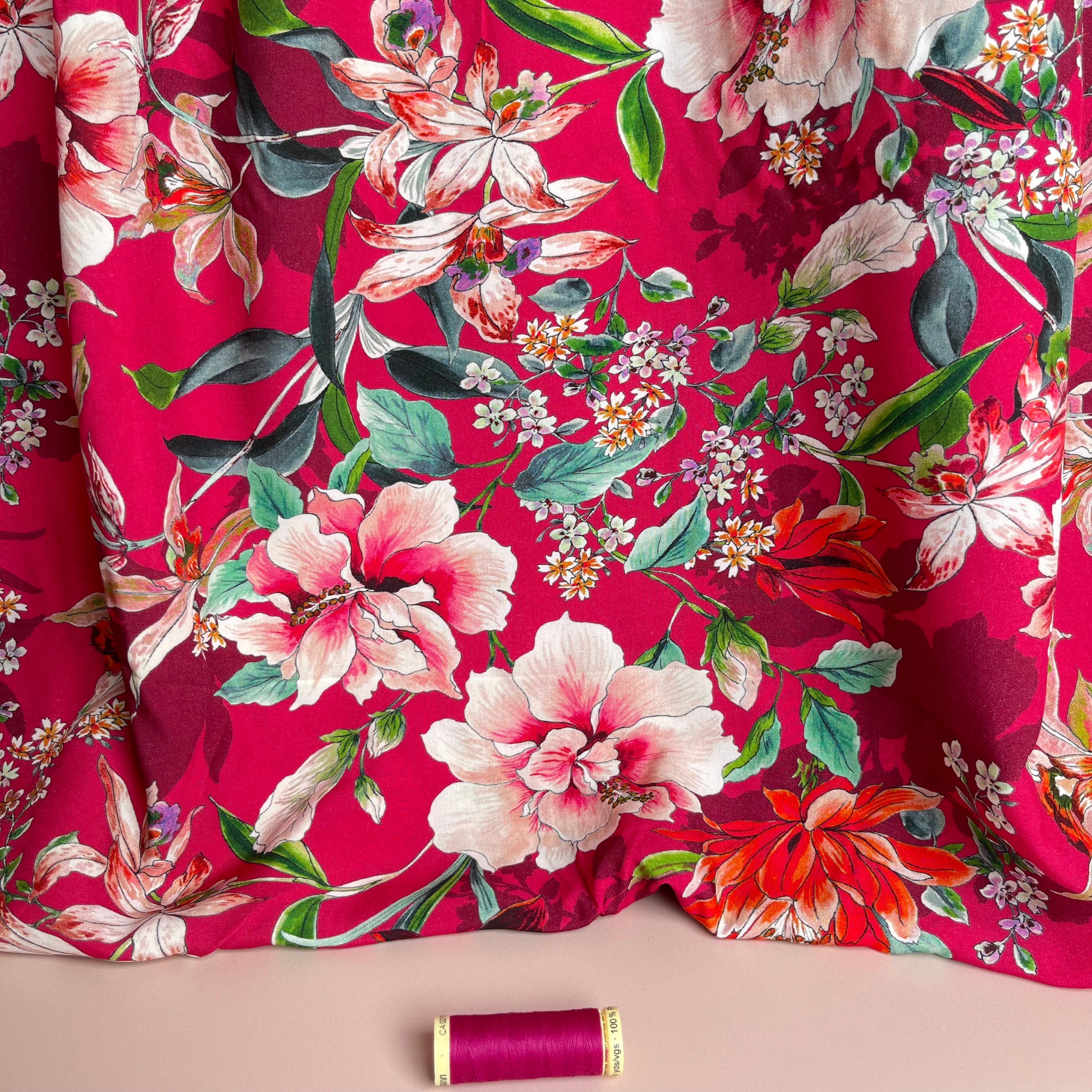 Watercolour Tropics on Fuchsia Viscose Poplin Fabric