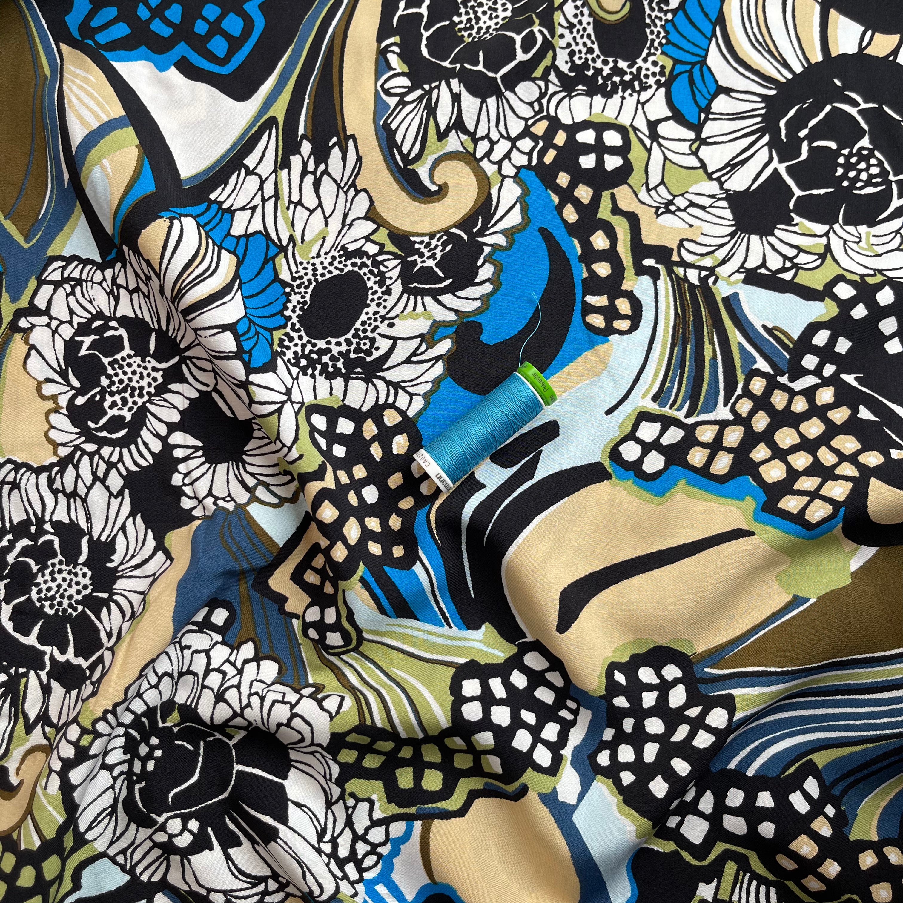 Graphic Flowers Blue Viscose Poplin Fabric
