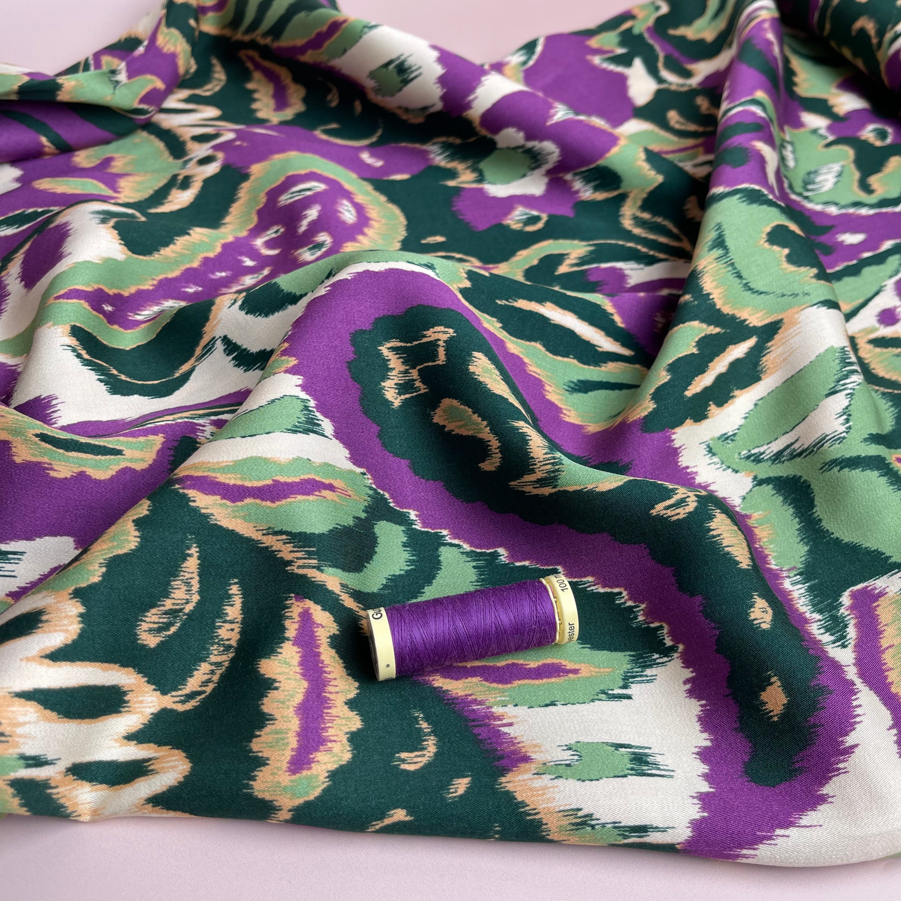 REMNANT 0.65 Metres - Hazy Paisley Purple and Green Viscose Sateen Fabric