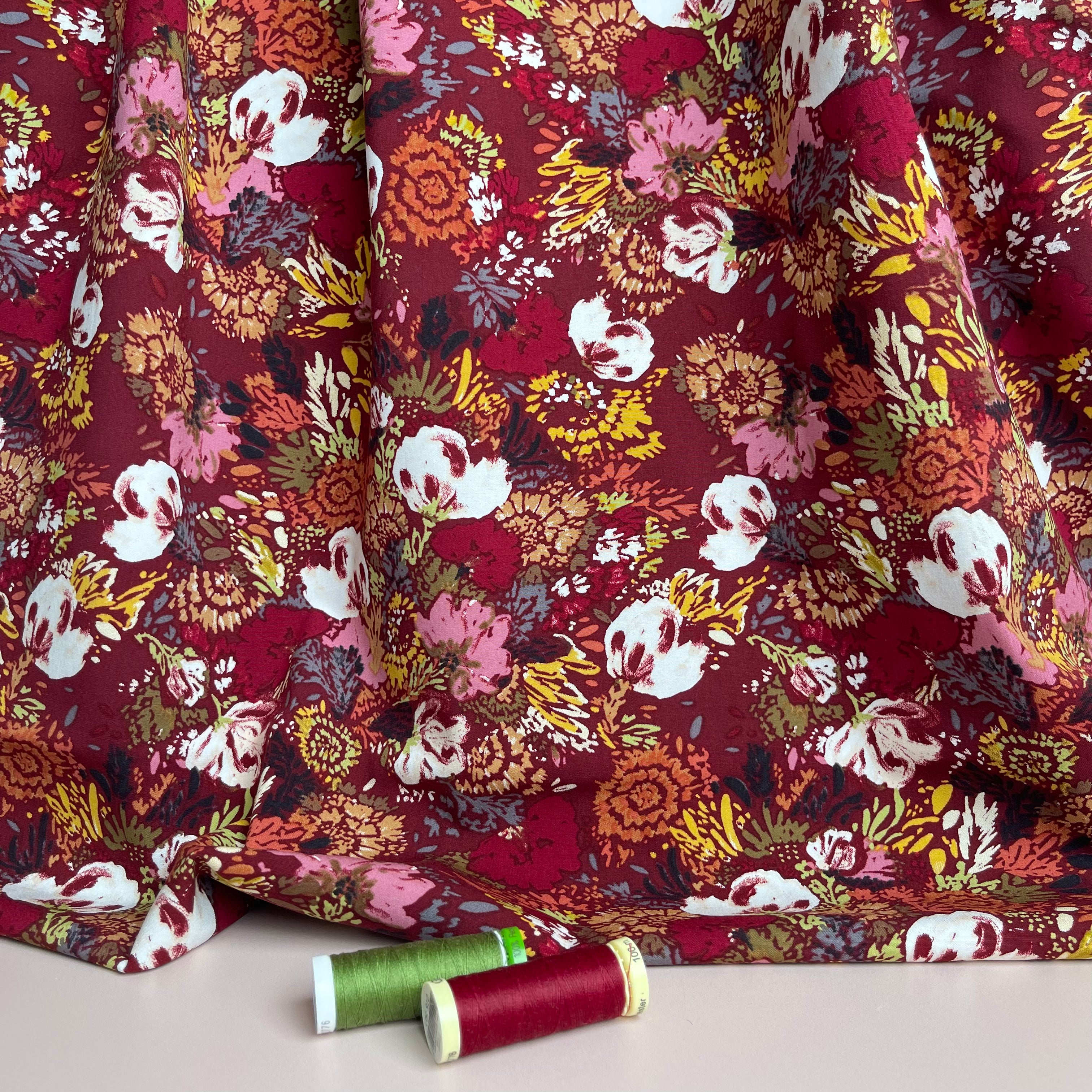 REMNANT 1.66 Metres - Botany on Burgundy Stretch Viscose Poplin Fabric