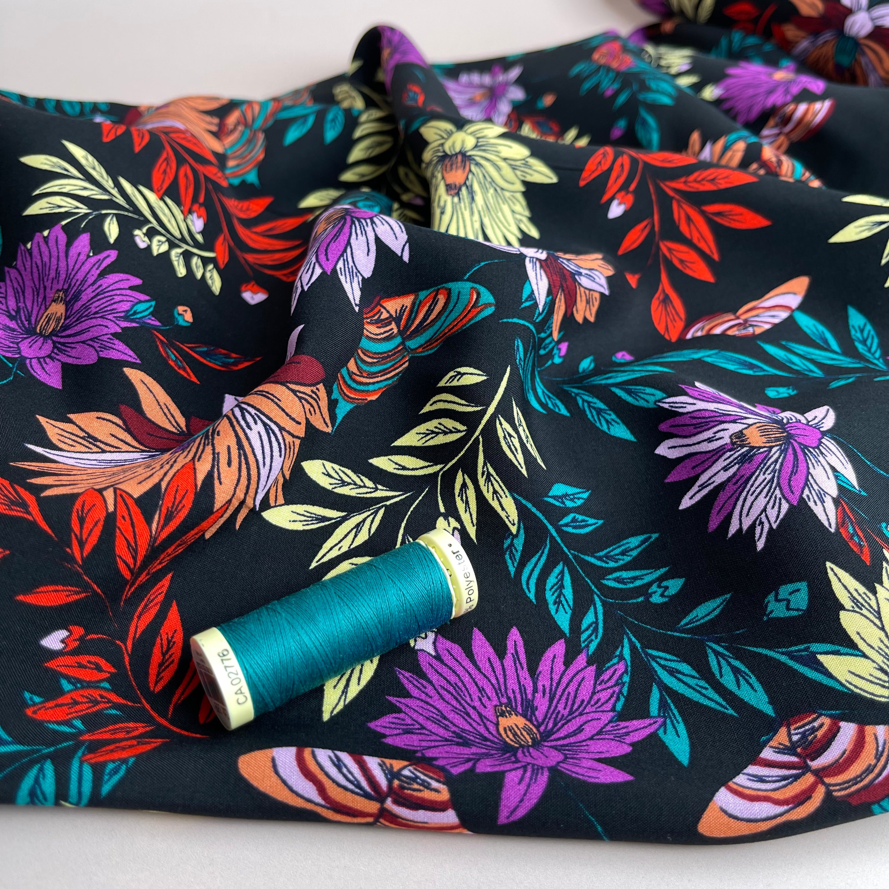 Butterfly Flowers Black Viscose Poplin Fabric