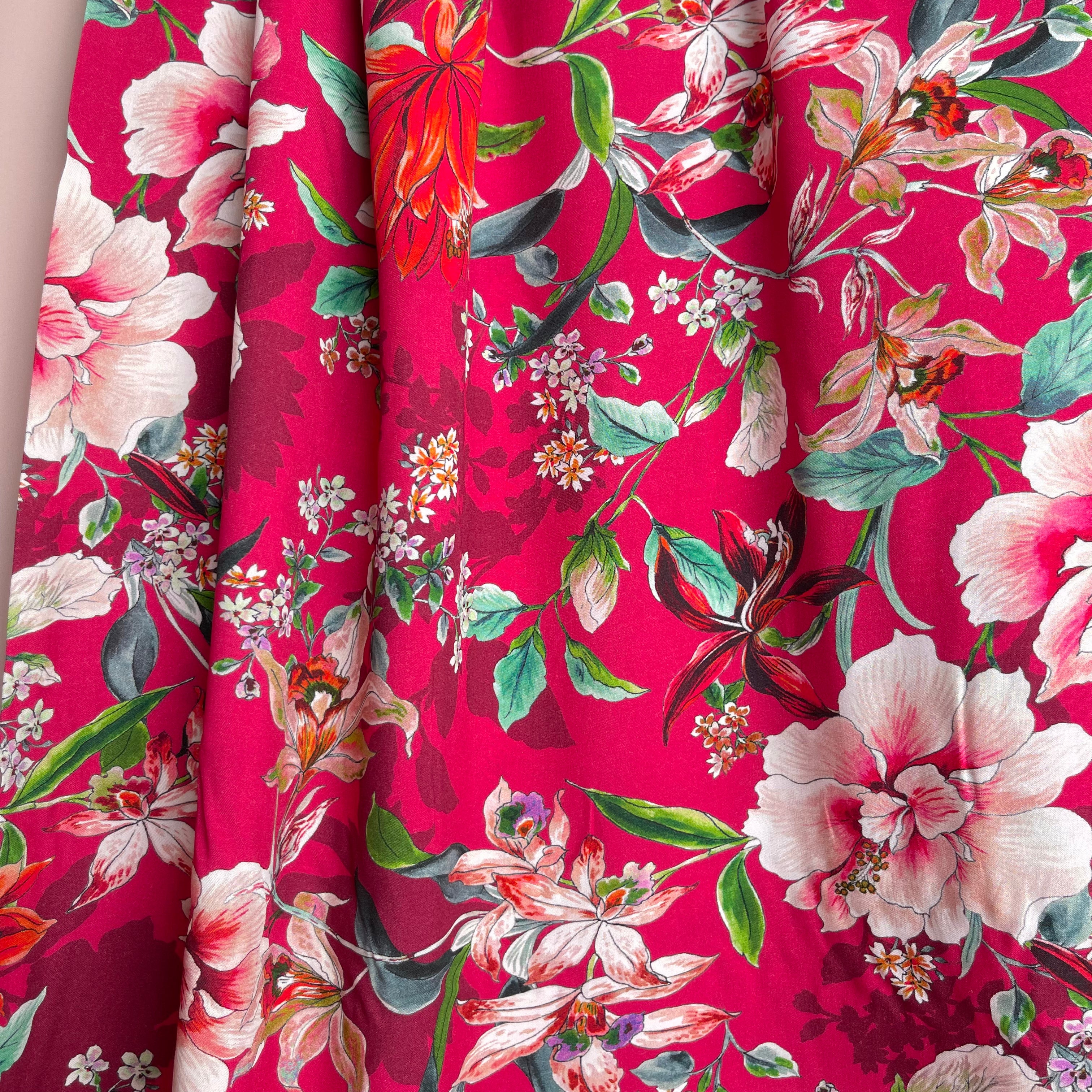 Watercolour Tropics on Fuchsia Viscose Poplin Fabric