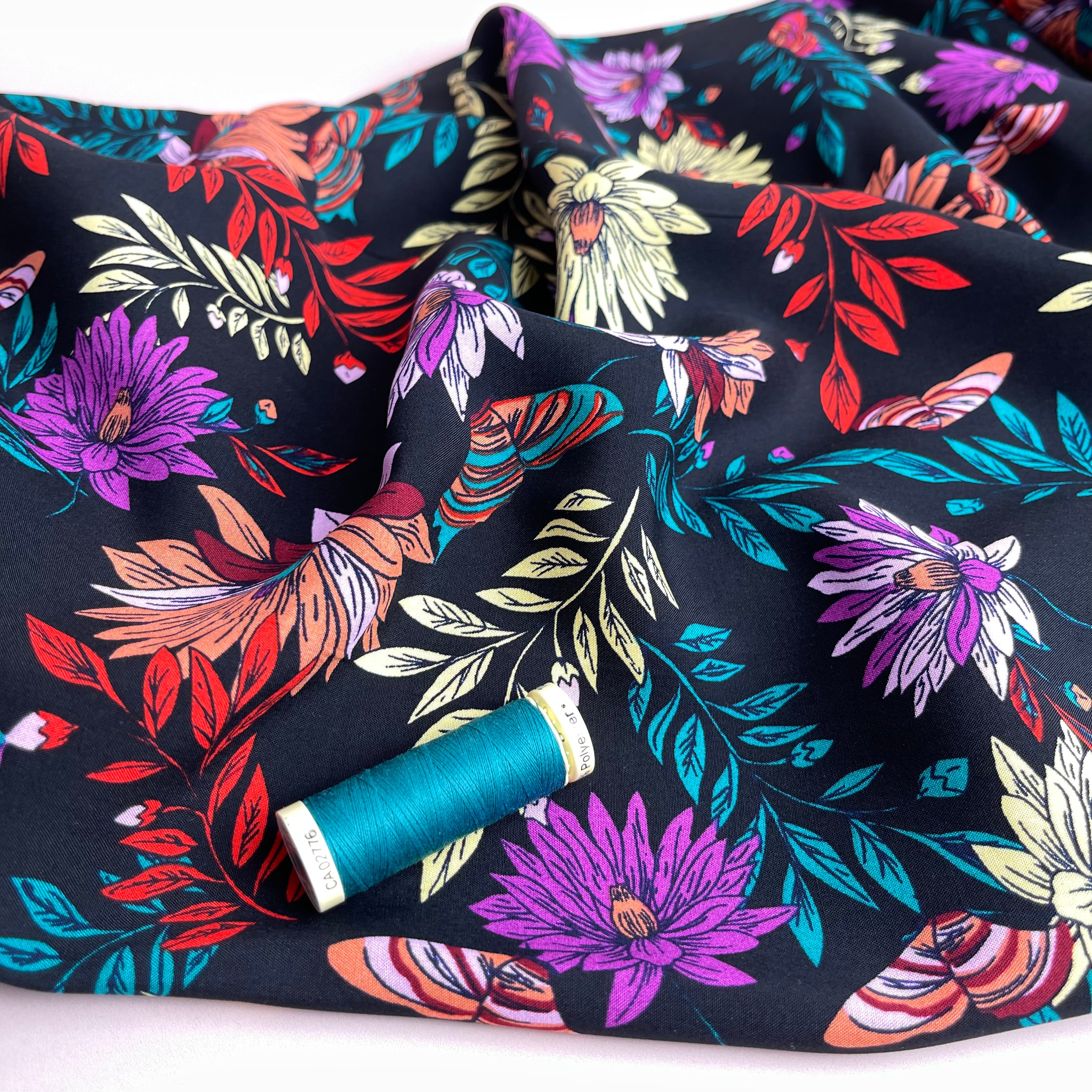 Butterfly Flowers Black Viscose Poplin Fabric