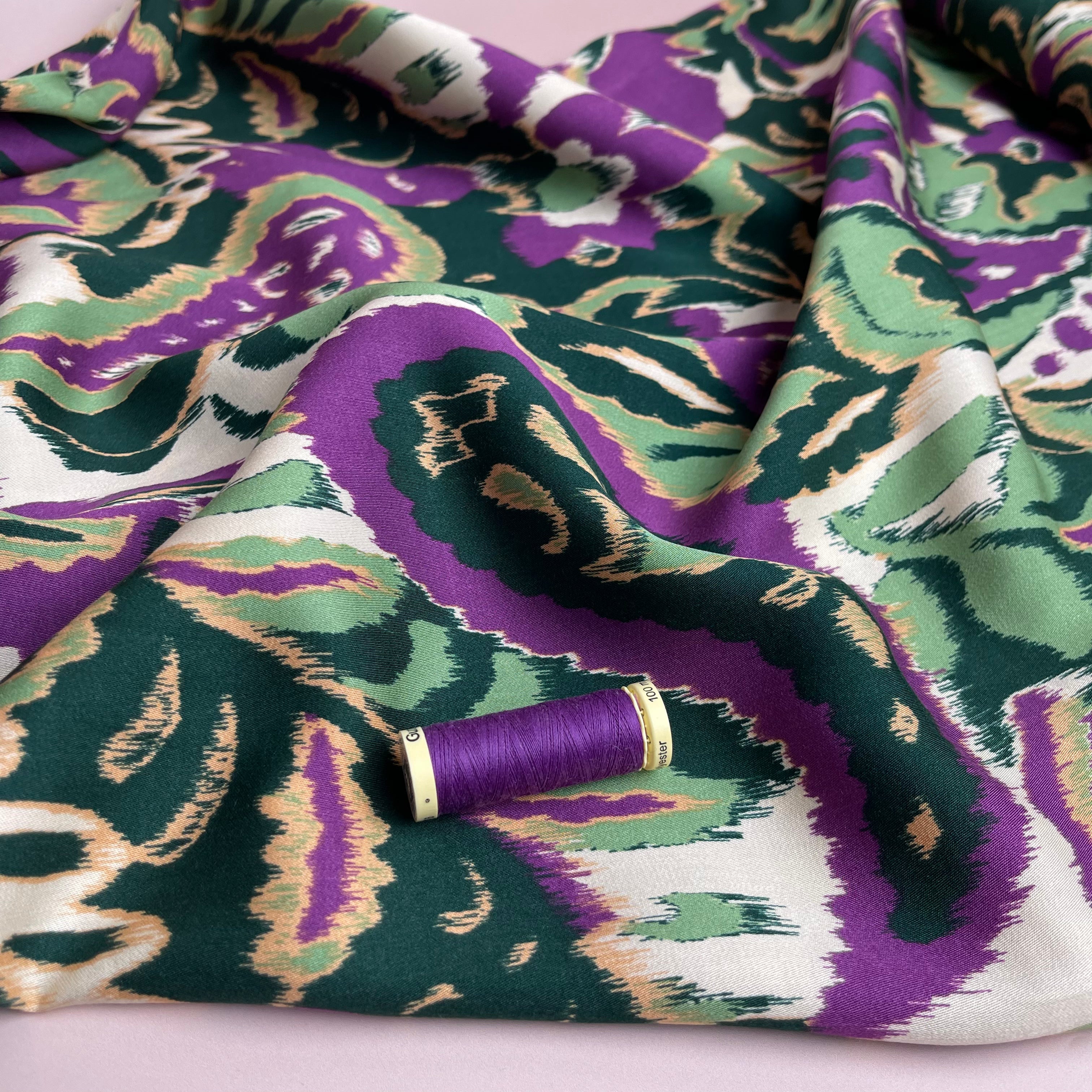 REMNANT 0.65 Metres - Hazy Paisley Purple and Green Viscose Sateen Fabric