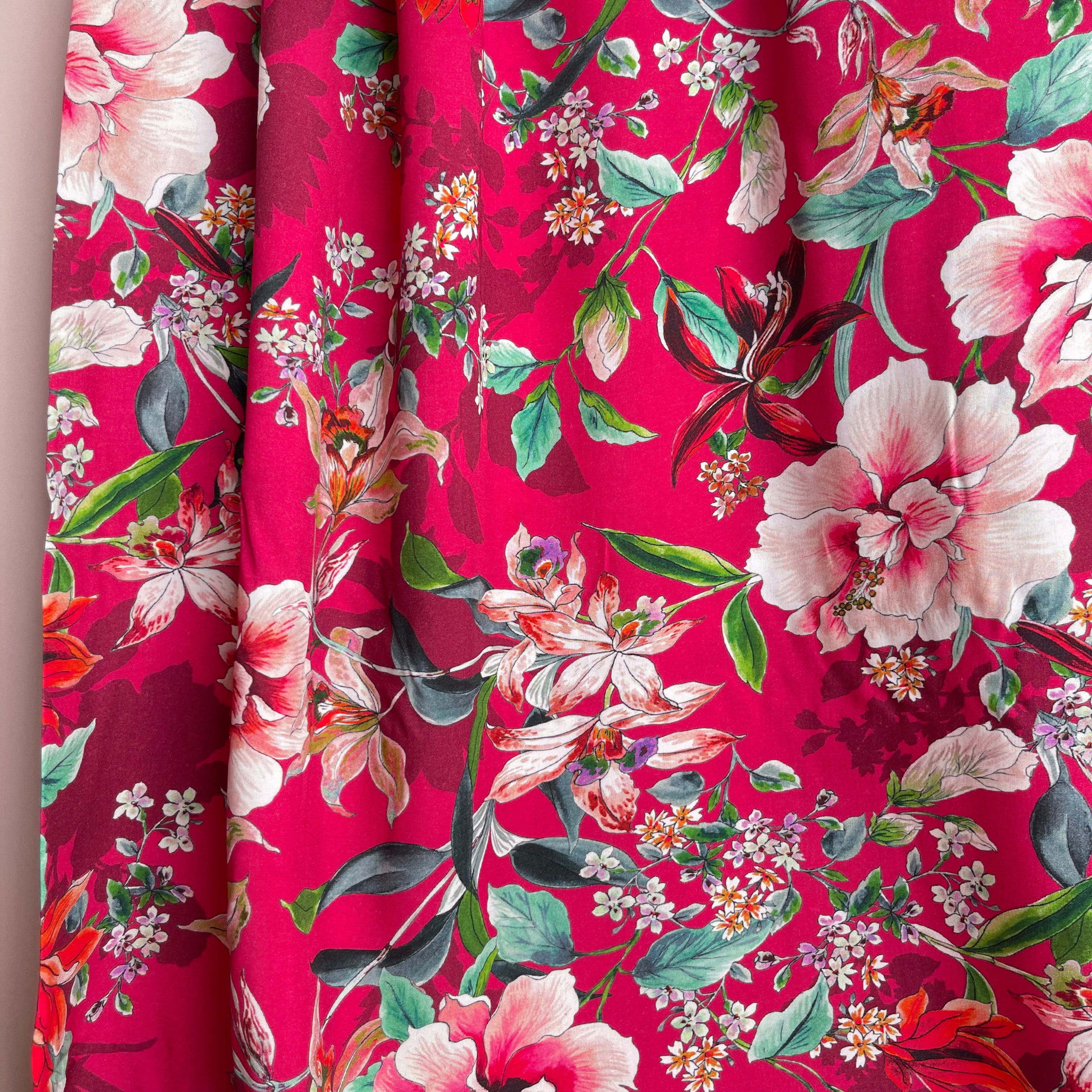 Watercolour Tropics on Fuchsia Viscose Poplin Fabric