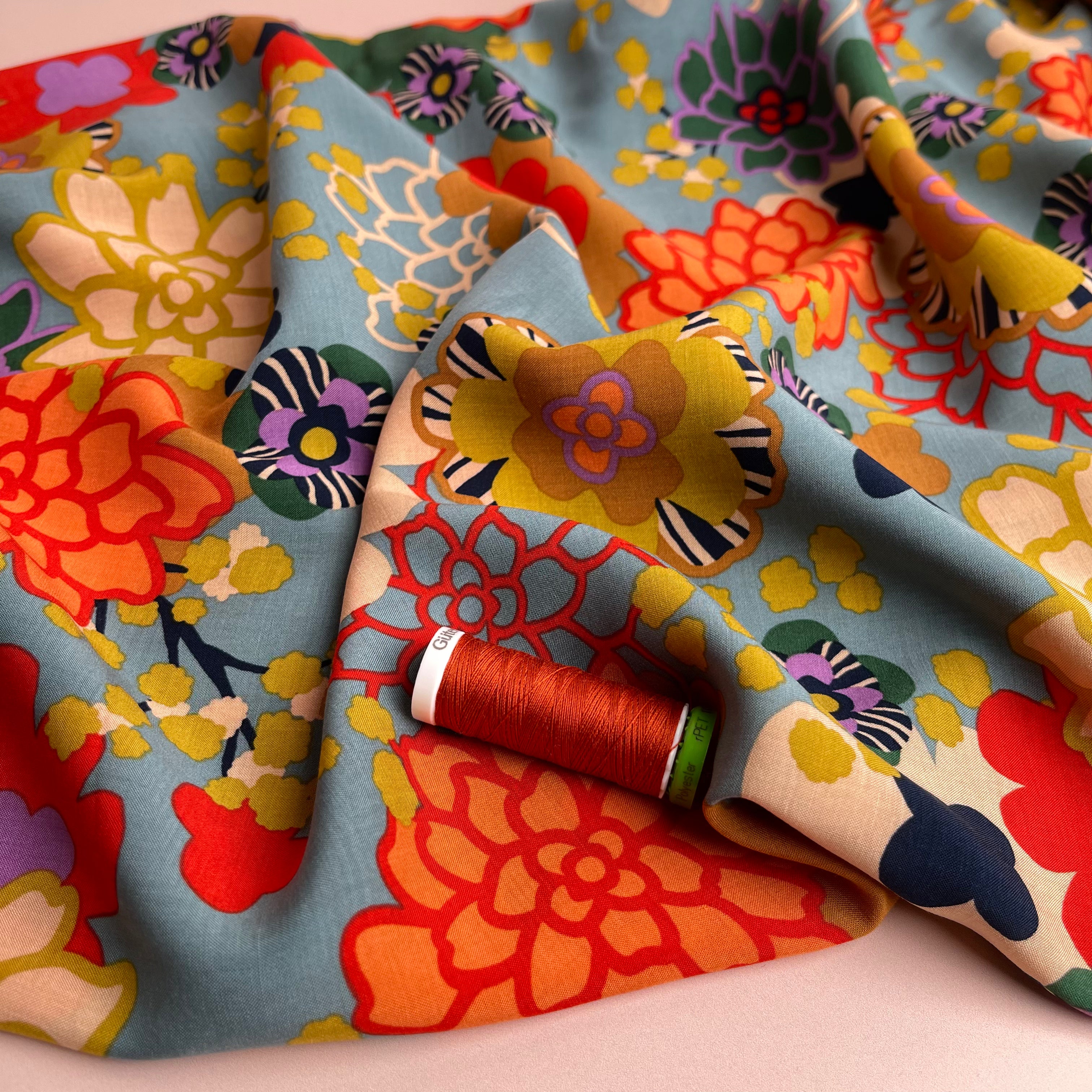REMNANT 2.02 Metres - Graphic Flowers Viscose Voile Fabric
