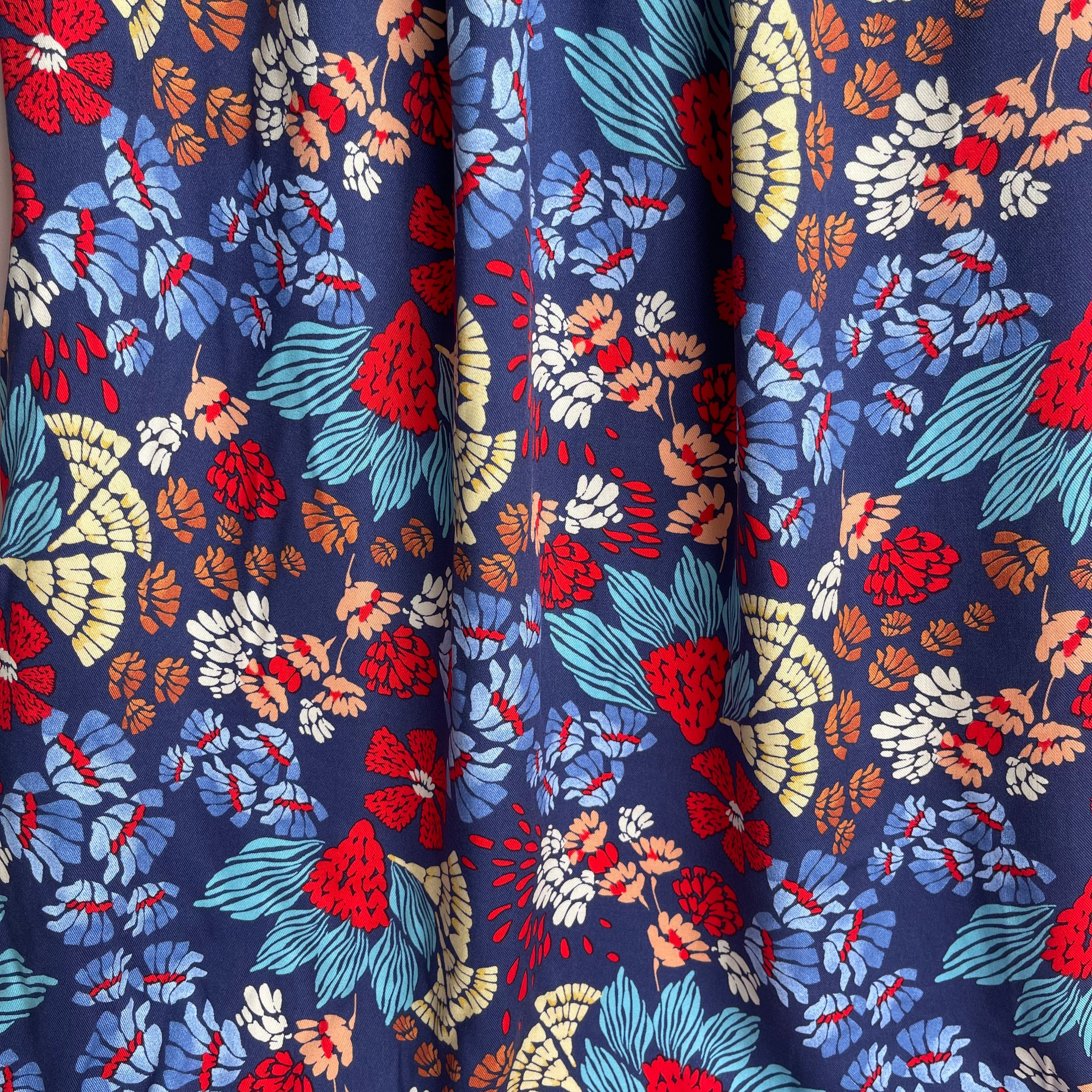 Bold Blue Abstract Flowers Viscose Twill Fabric
