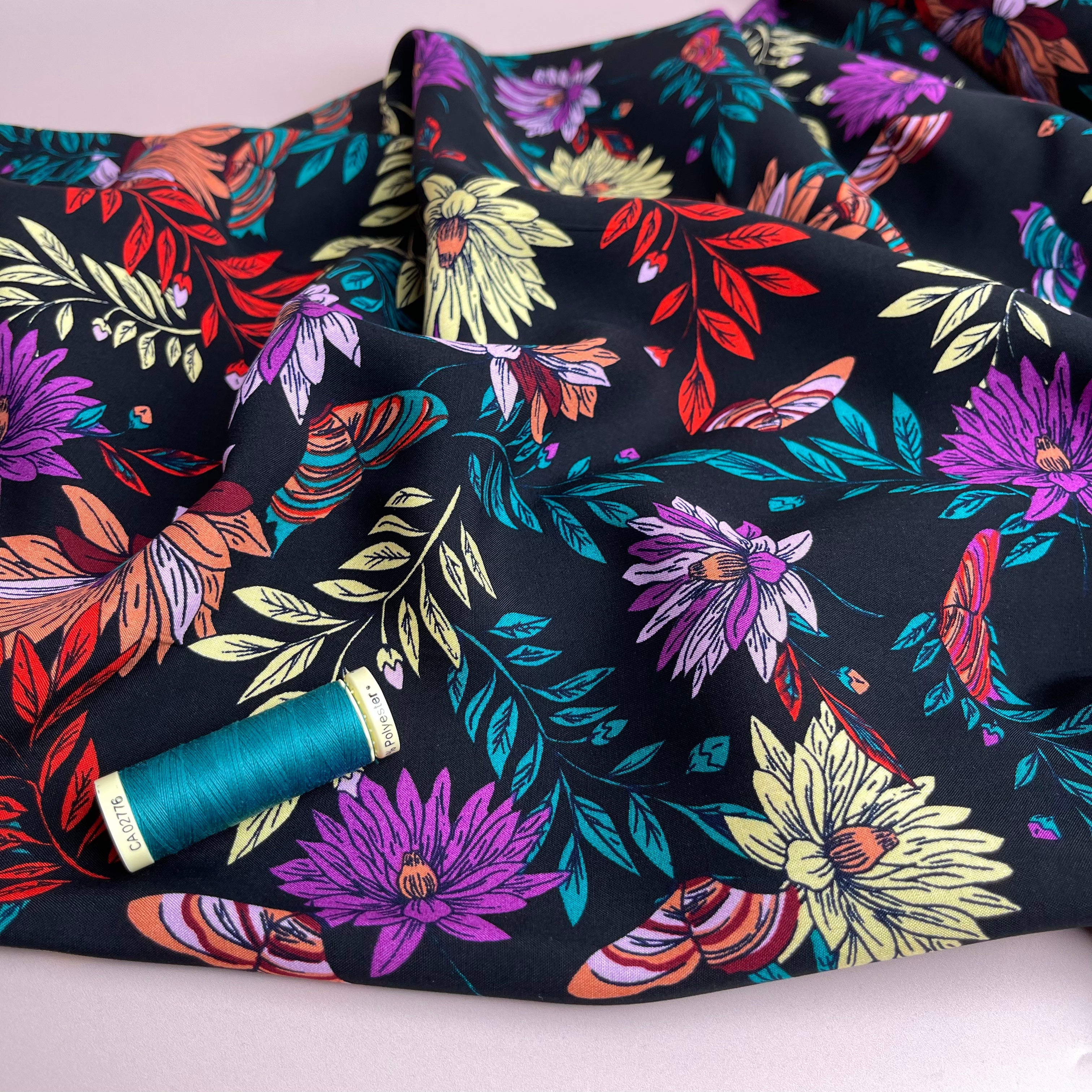 Butterfly Flowers Black Viscose Poplin Fabric
