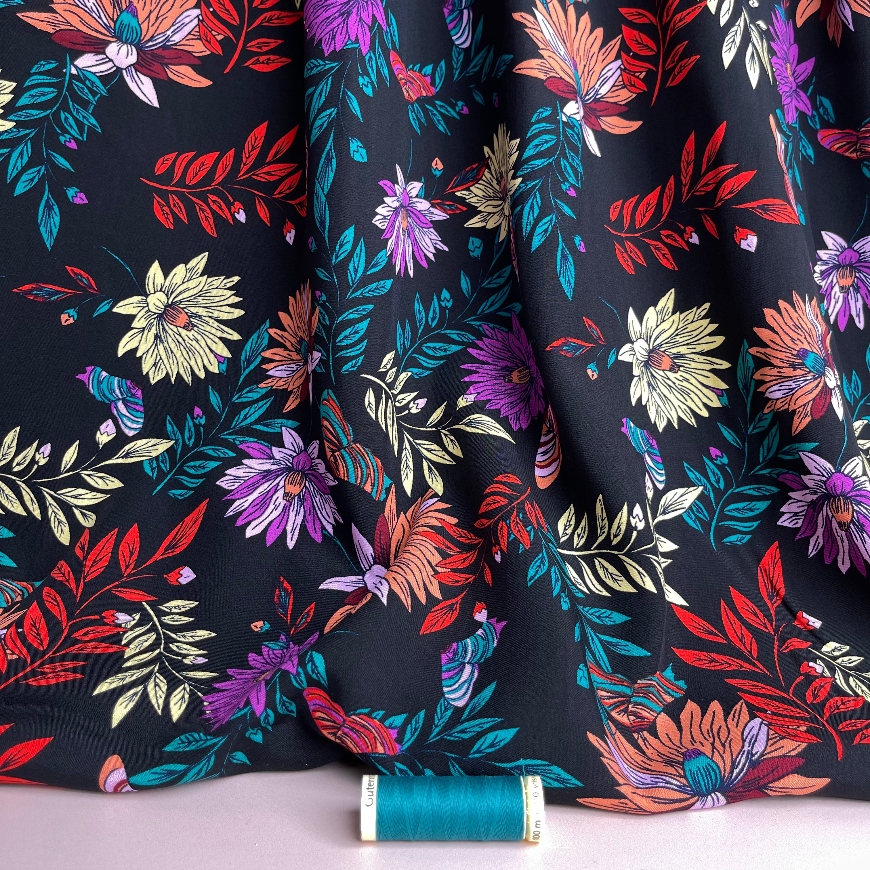 Butterfly Flowers Black Viscose Poplin Fabric