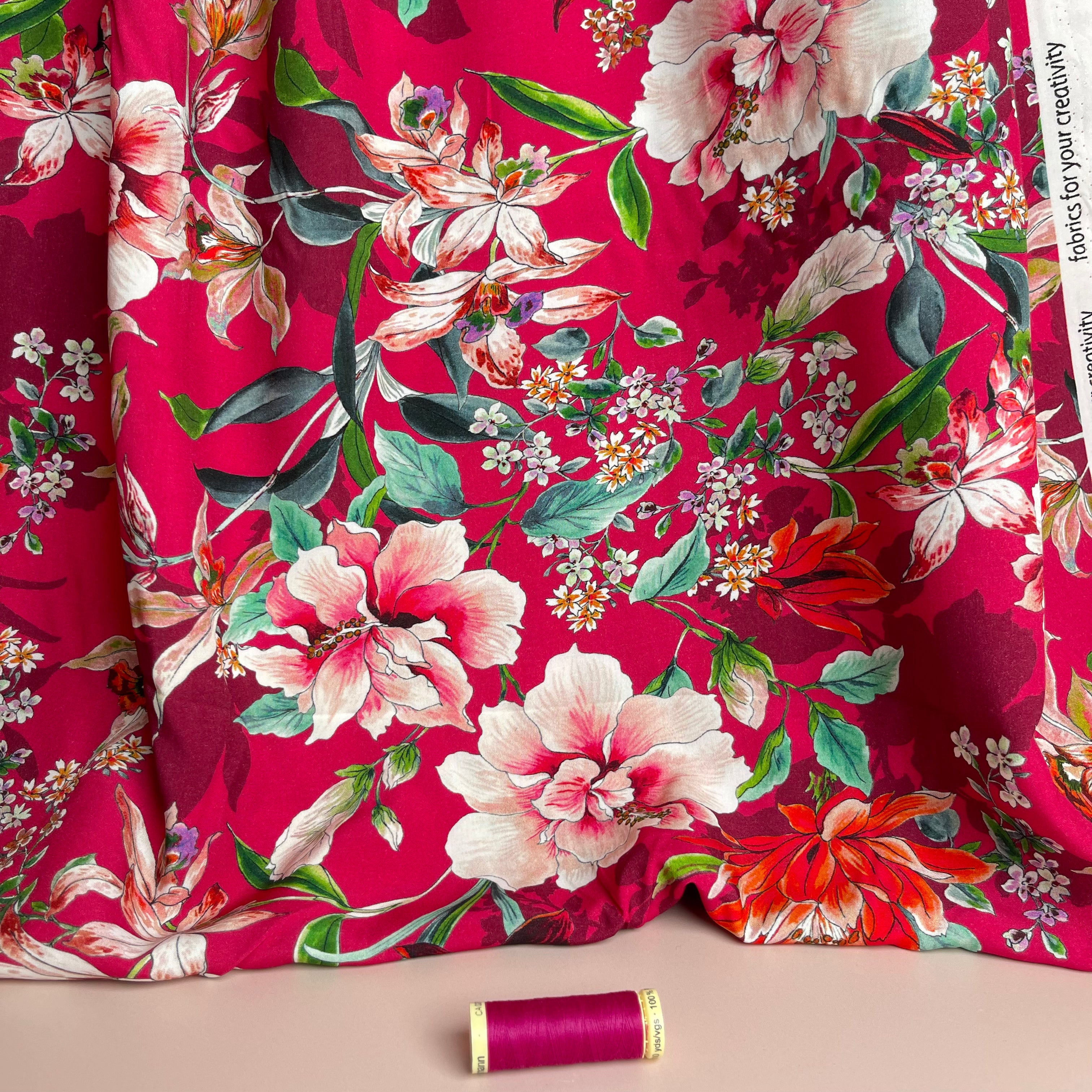 Watercolour Tropics on Fuchsia Viscose Poplin Fabric