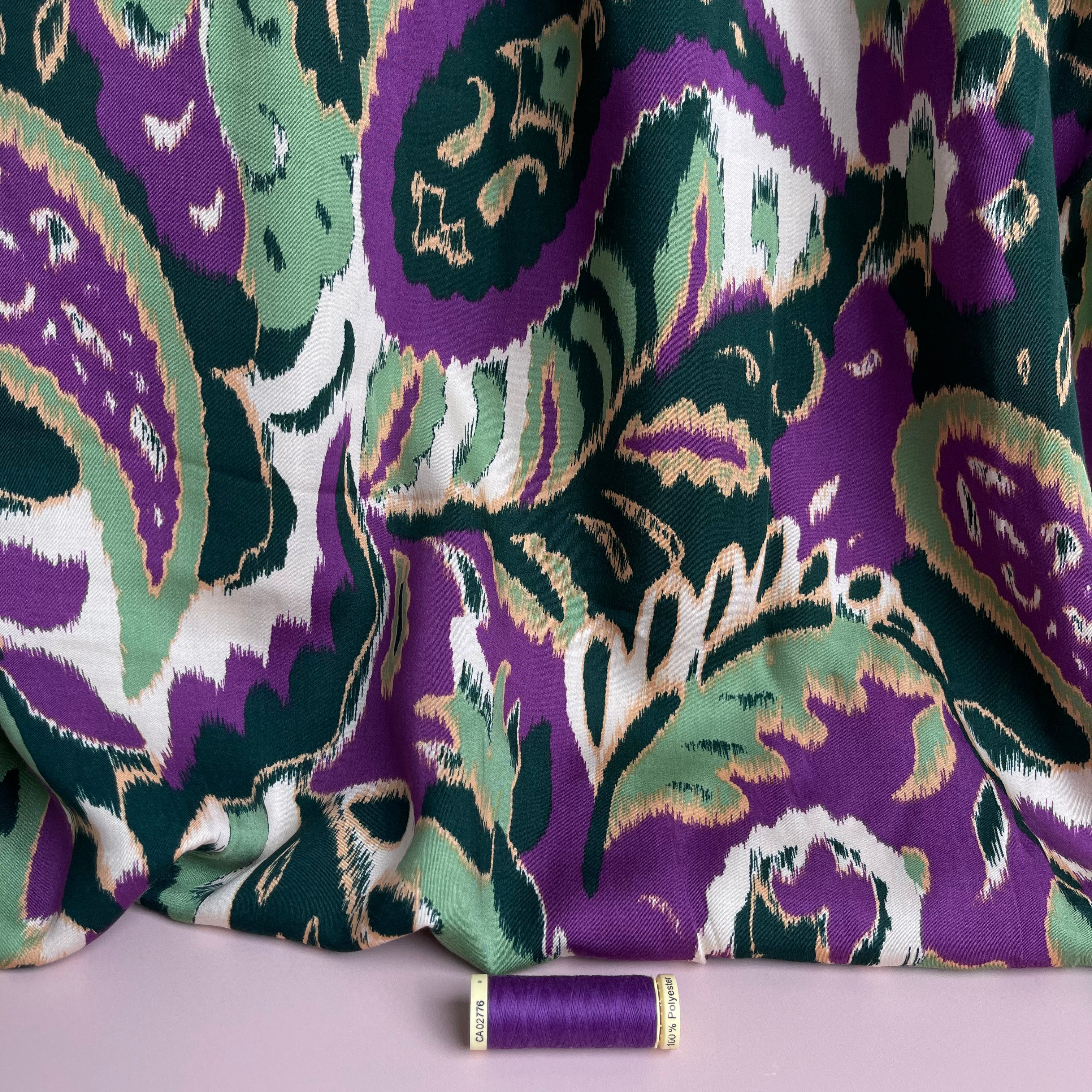 REMNANT 0.65 Metres - Hazy Paisley Purple and Green Viscose Sateen Fabric