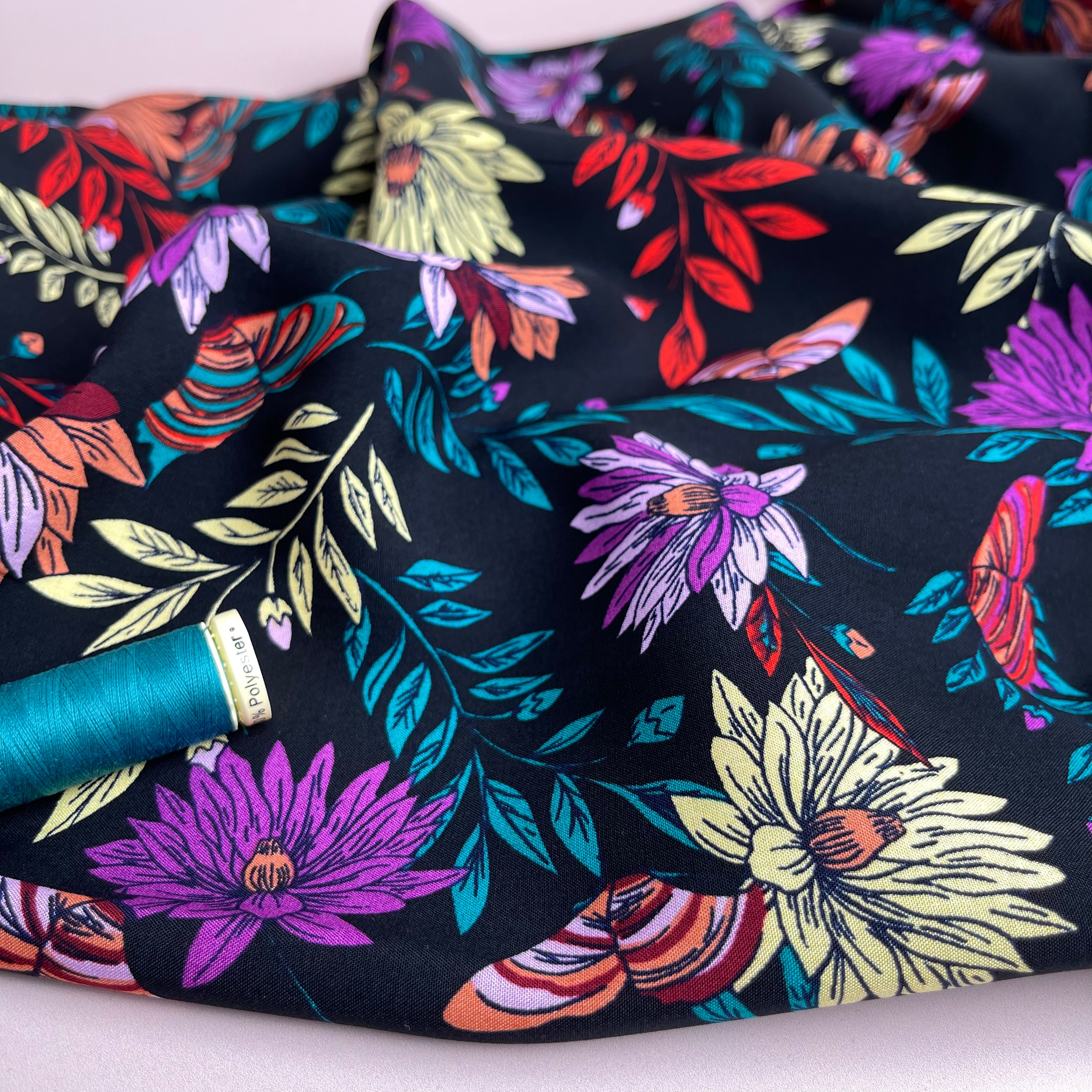 Butterfly Flowers Black Viscose Poplin Fabric