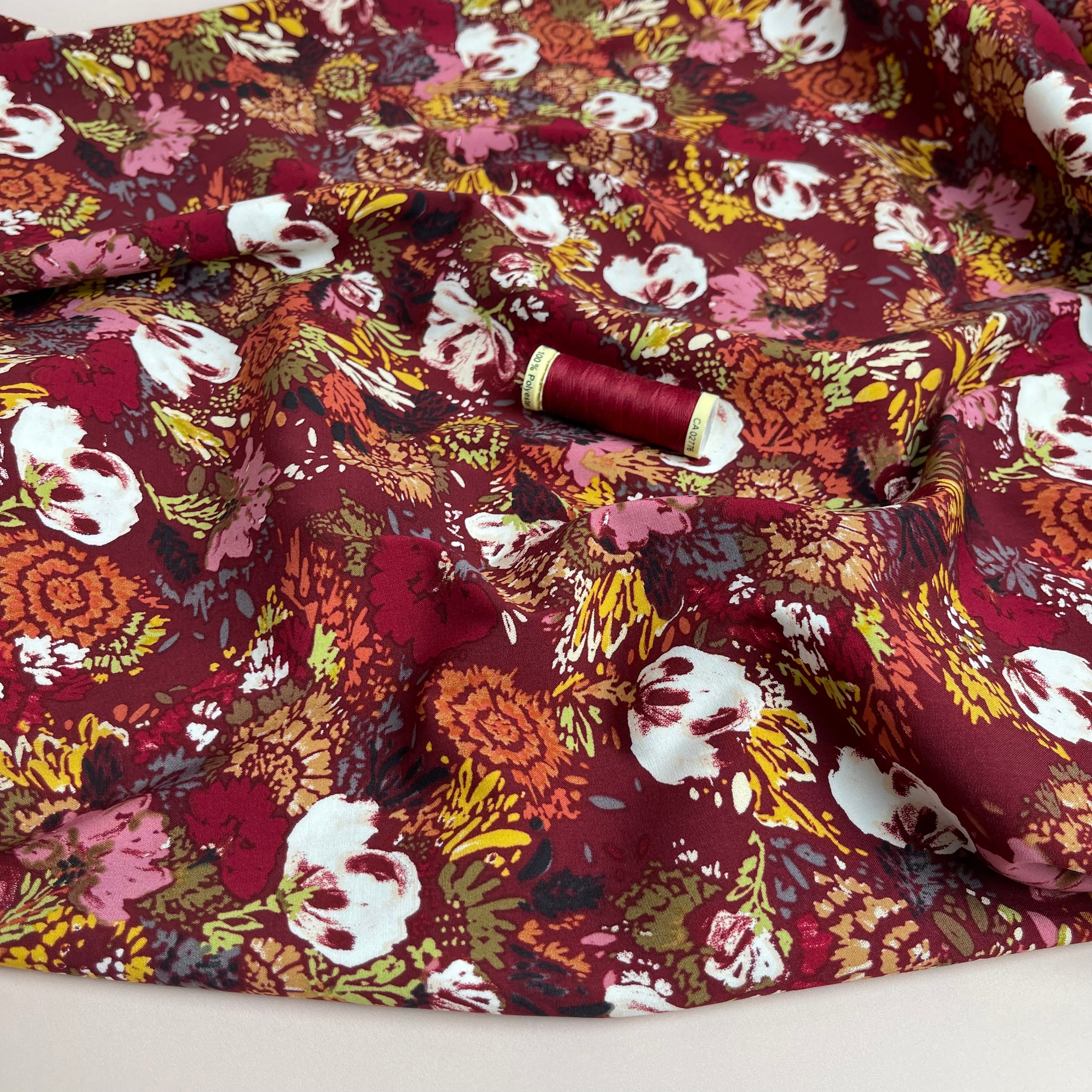 REMNANT 1.66 Metres - Botany on Burgundy Stretch Viscose Poplin Fabric