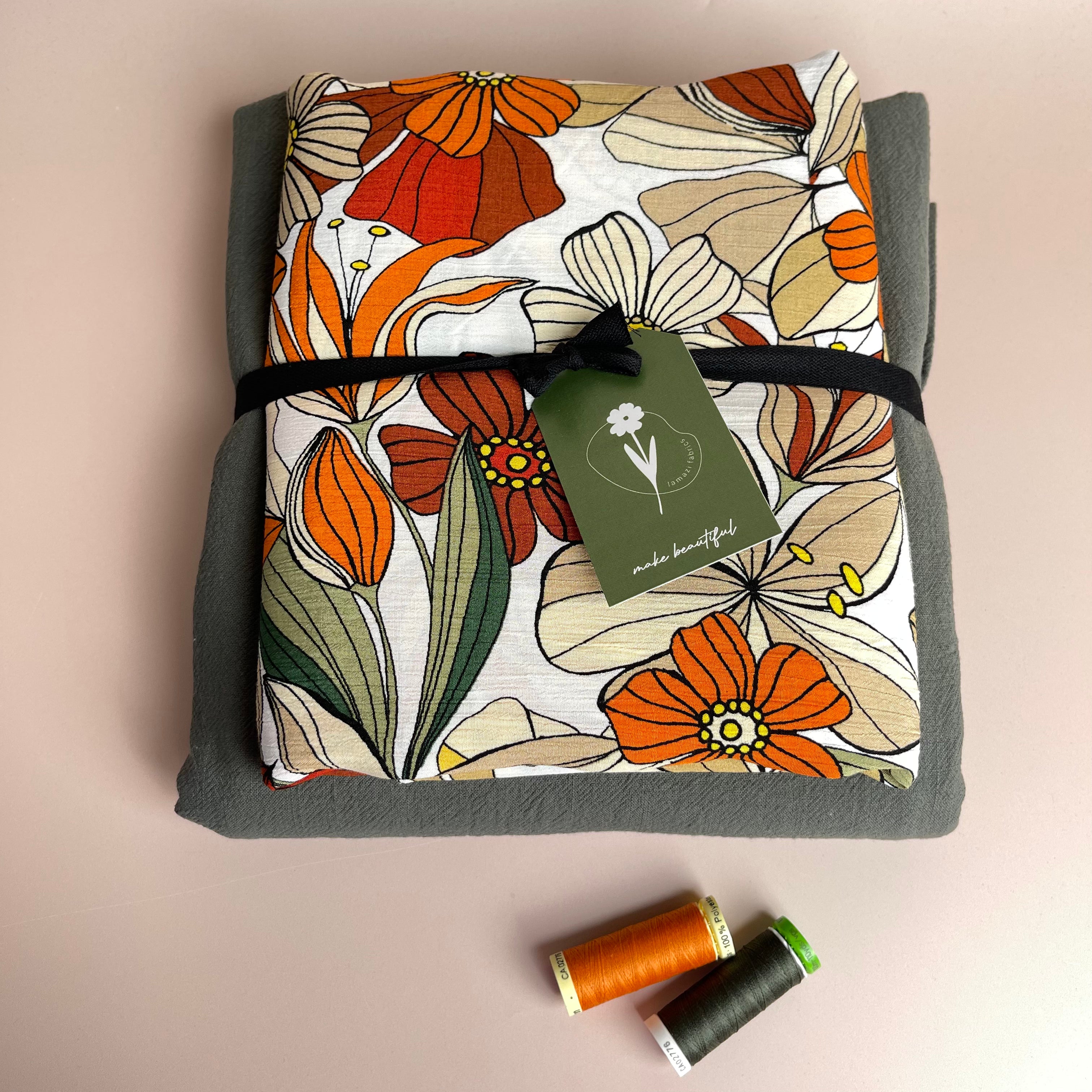 Make an Outfit - Autumn Flowers Crinkle Viscose with Khaki Washed Cotton Bundle
