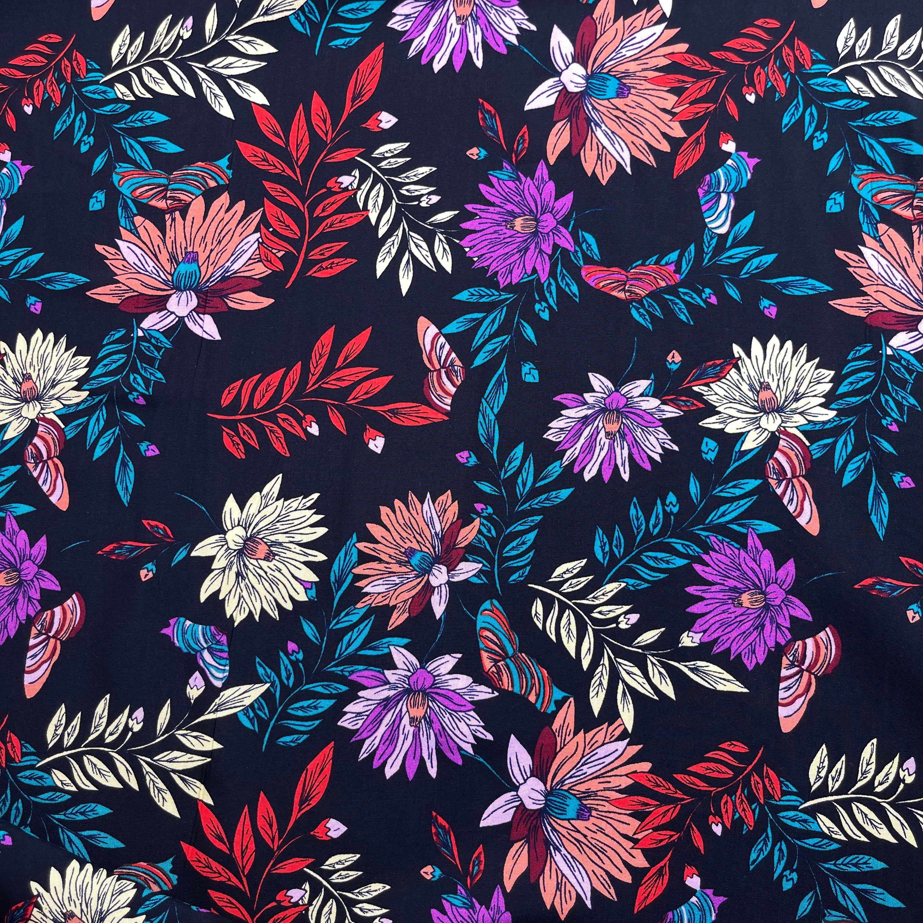 Butterfly Flowers Black Viscose Poplin Fabric