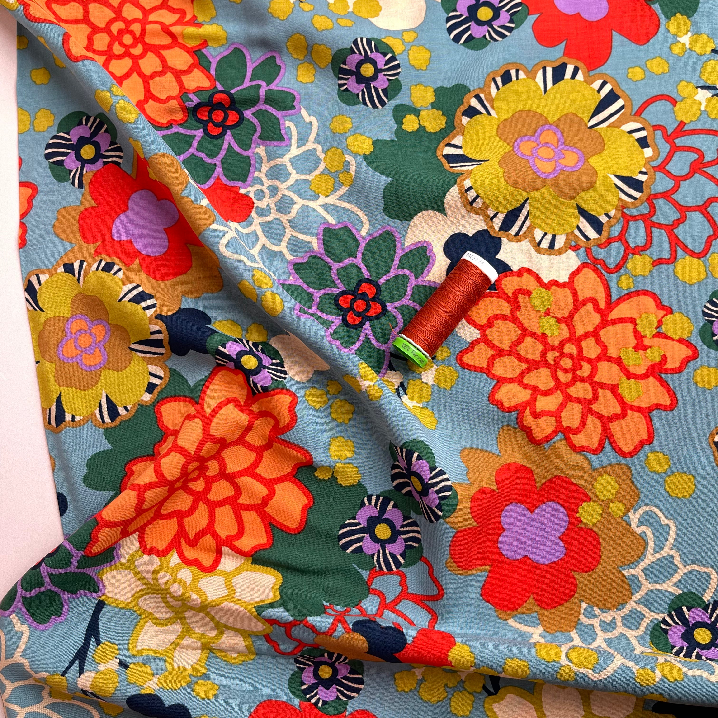 REMNANT 2.02 Metres - Graphic Flowers Viscose Voile Fabric