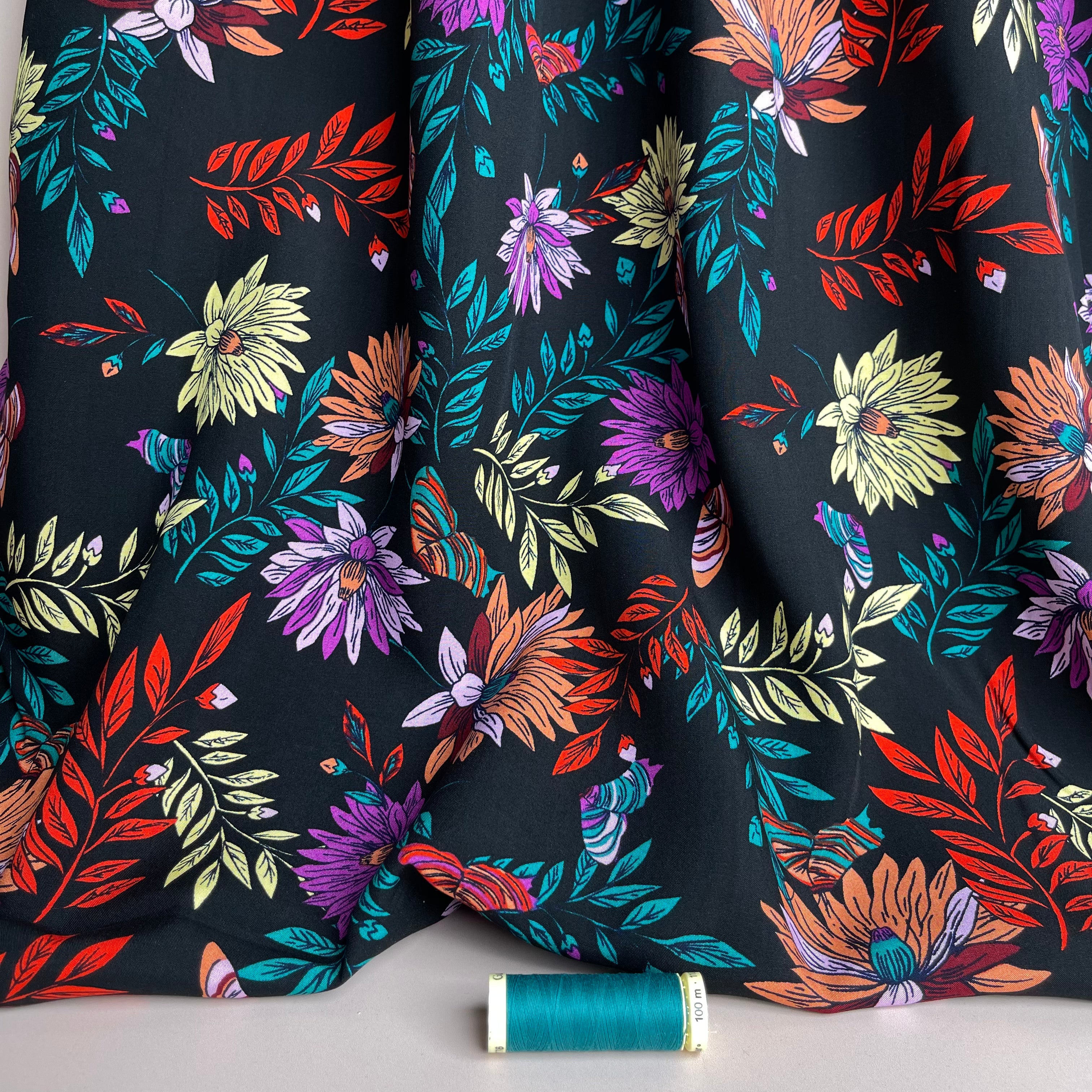 Butterfly Flowers Black Viscose Poplin Fabric