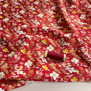 Primrose on Red Viscose Poplin Fabric