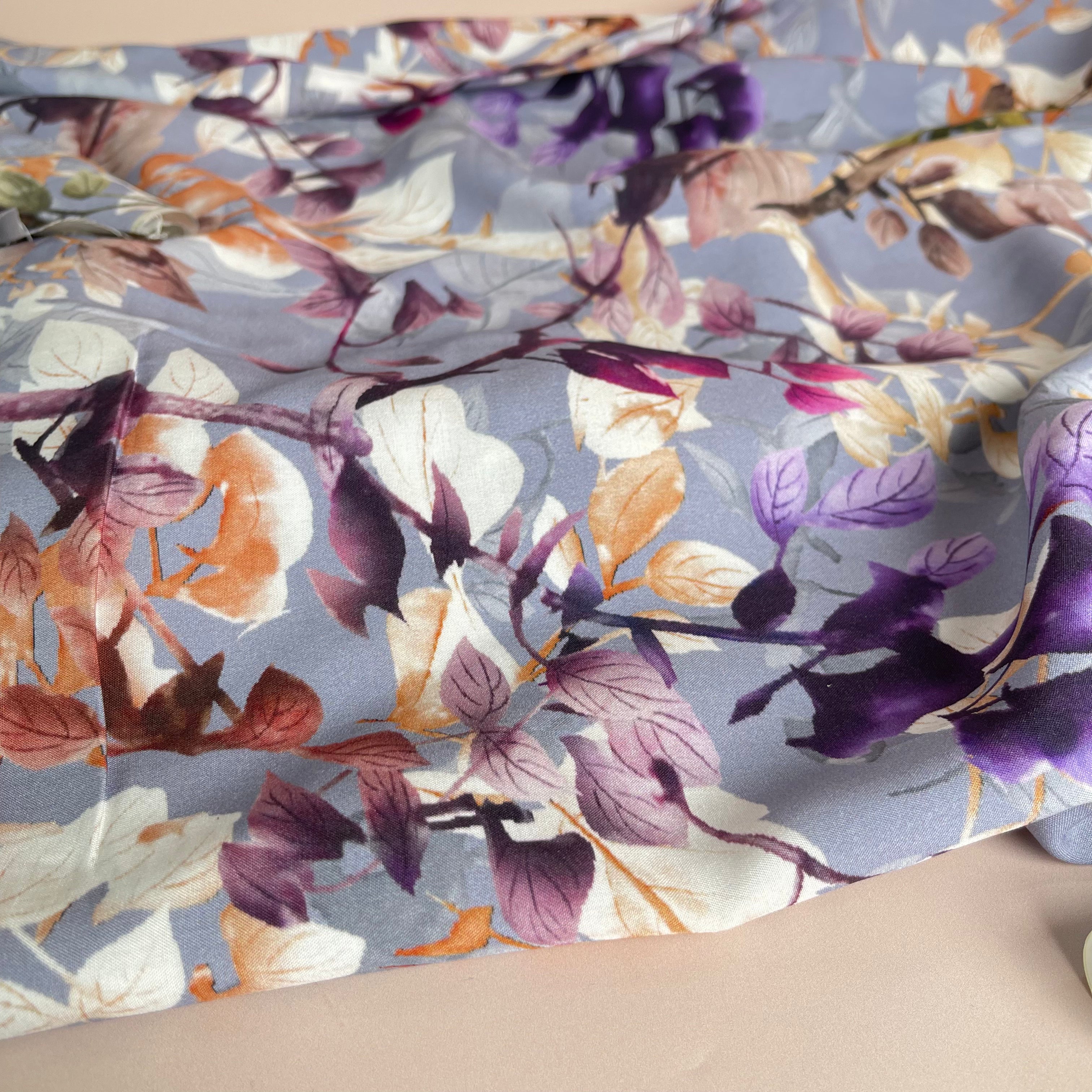 Hazy Foliage on Lilac Viscose Fabric