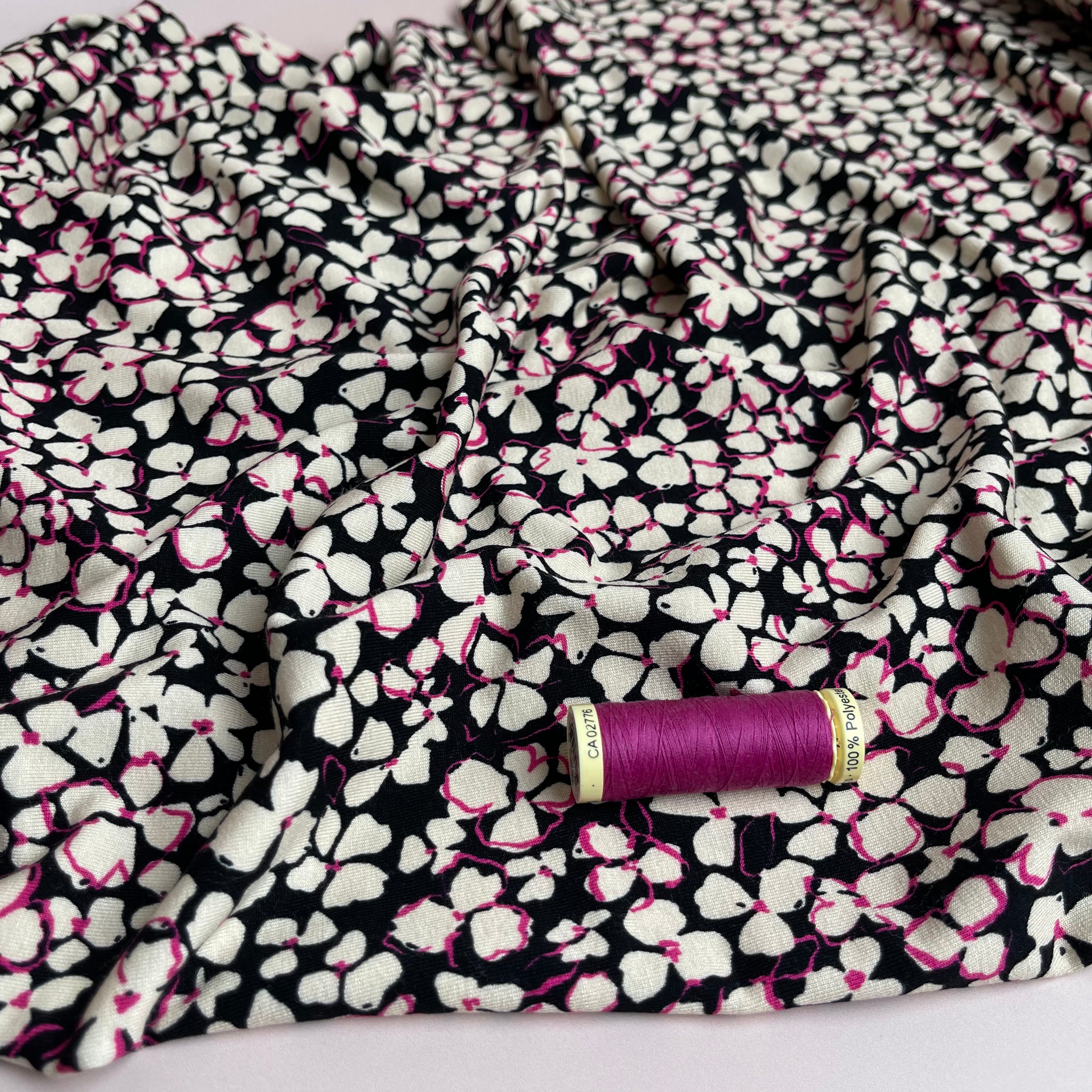 Petals on Black Viscose Jersey Fabric