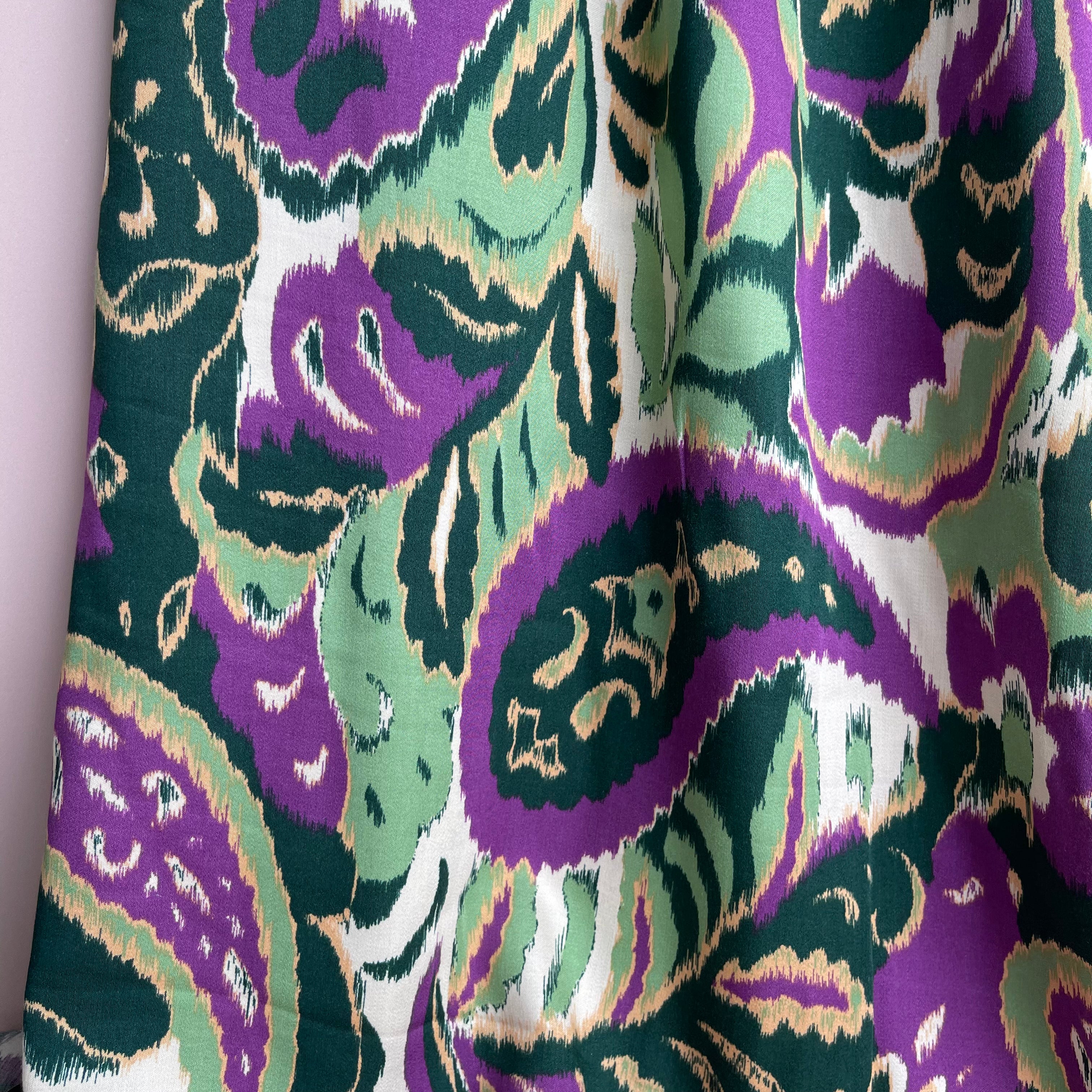 REMNANT 0.65 Metres - Hazy Paisley Purple and Green Viscose Sateen Fabric