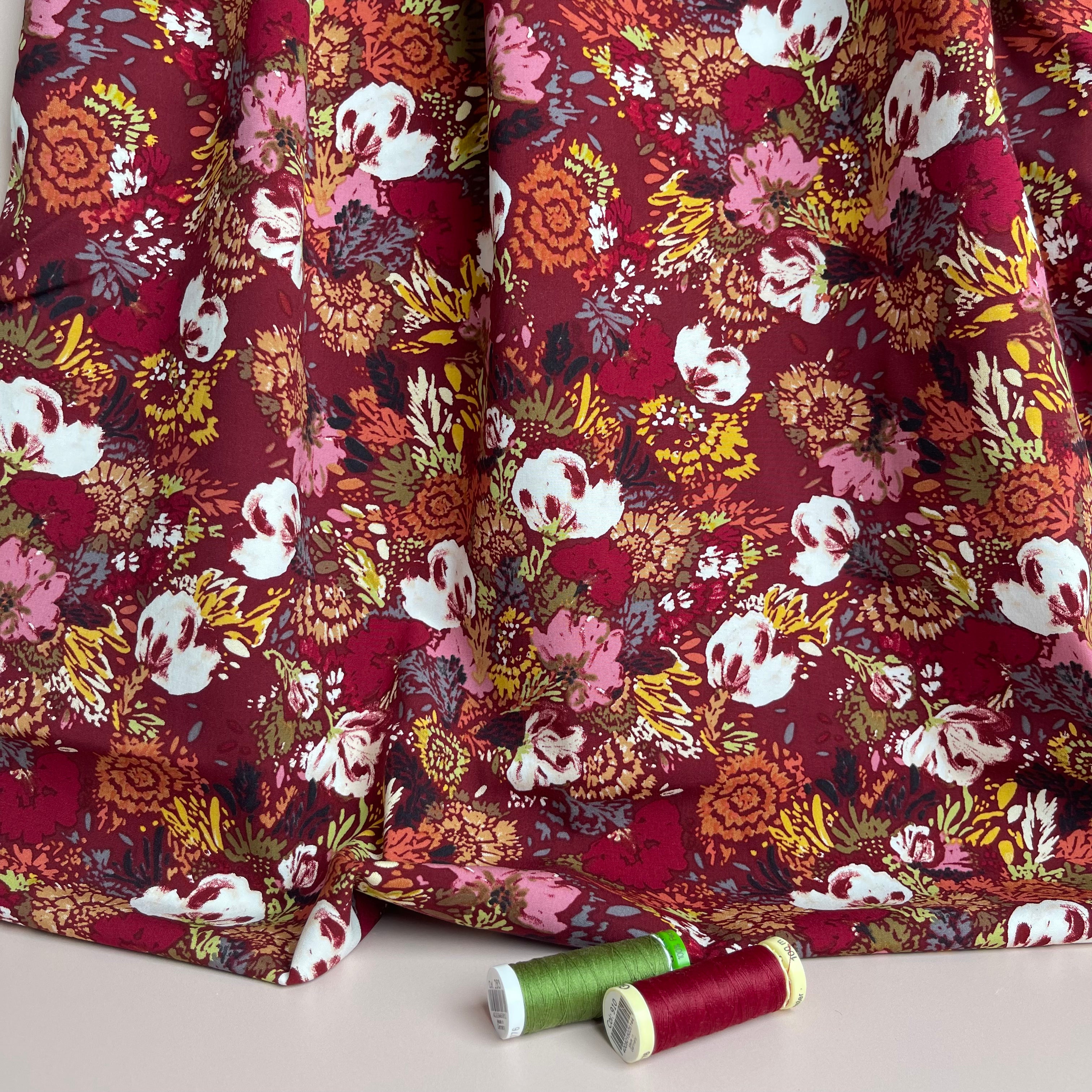 REMNANT 1.66 Metres - Botany on Burgundy Stretch Viscose Poplin Fabric