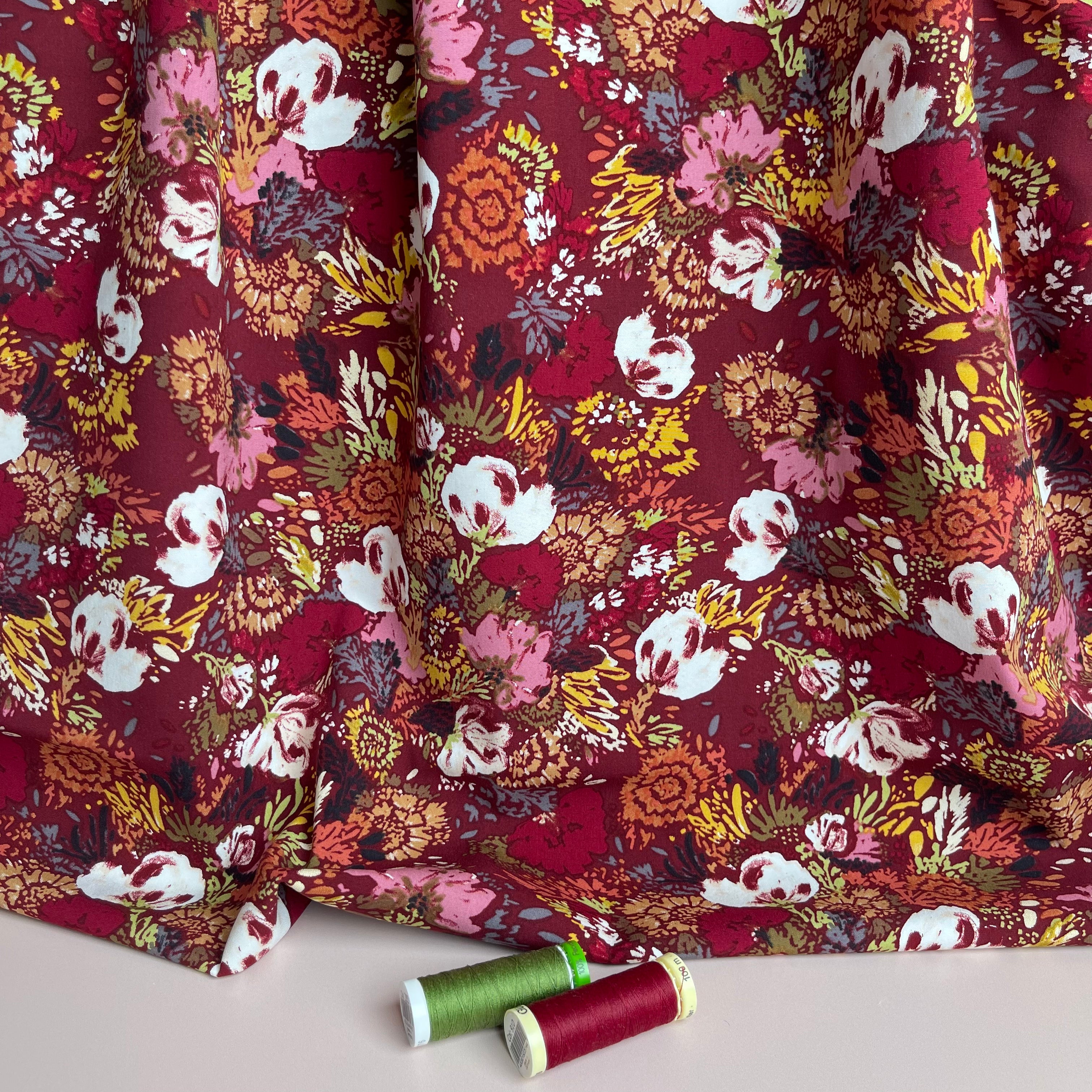REMNANT 1.66 Metres - Botany on Burgundy Stretch Viscose Poplin Fabric