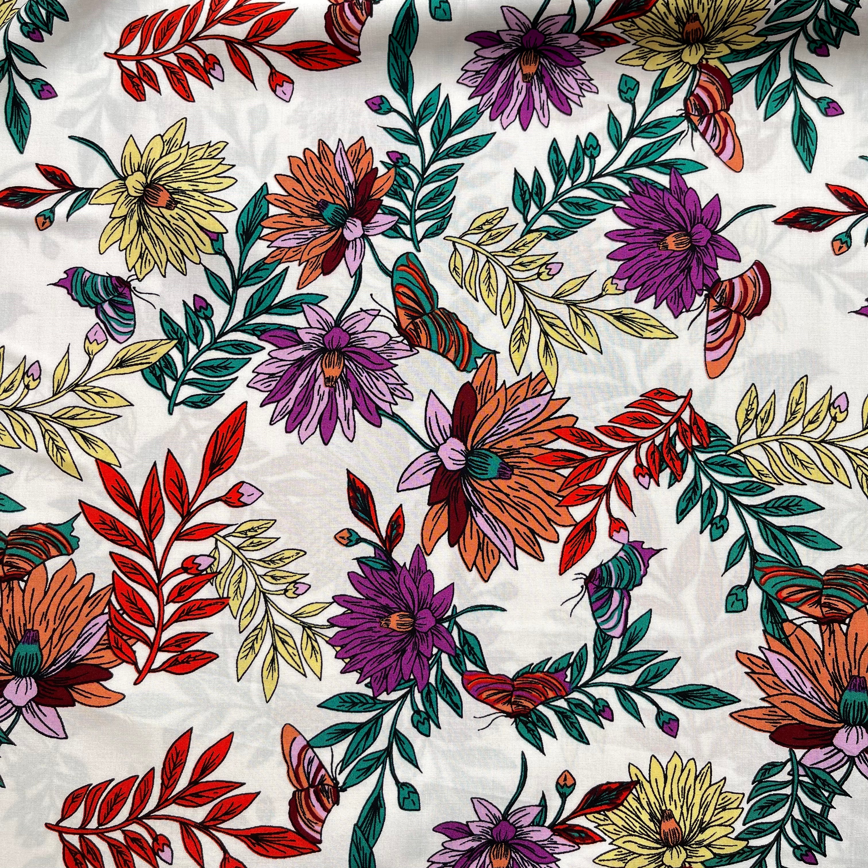 Butterfly Flowers White Viscose Poplin Fabric