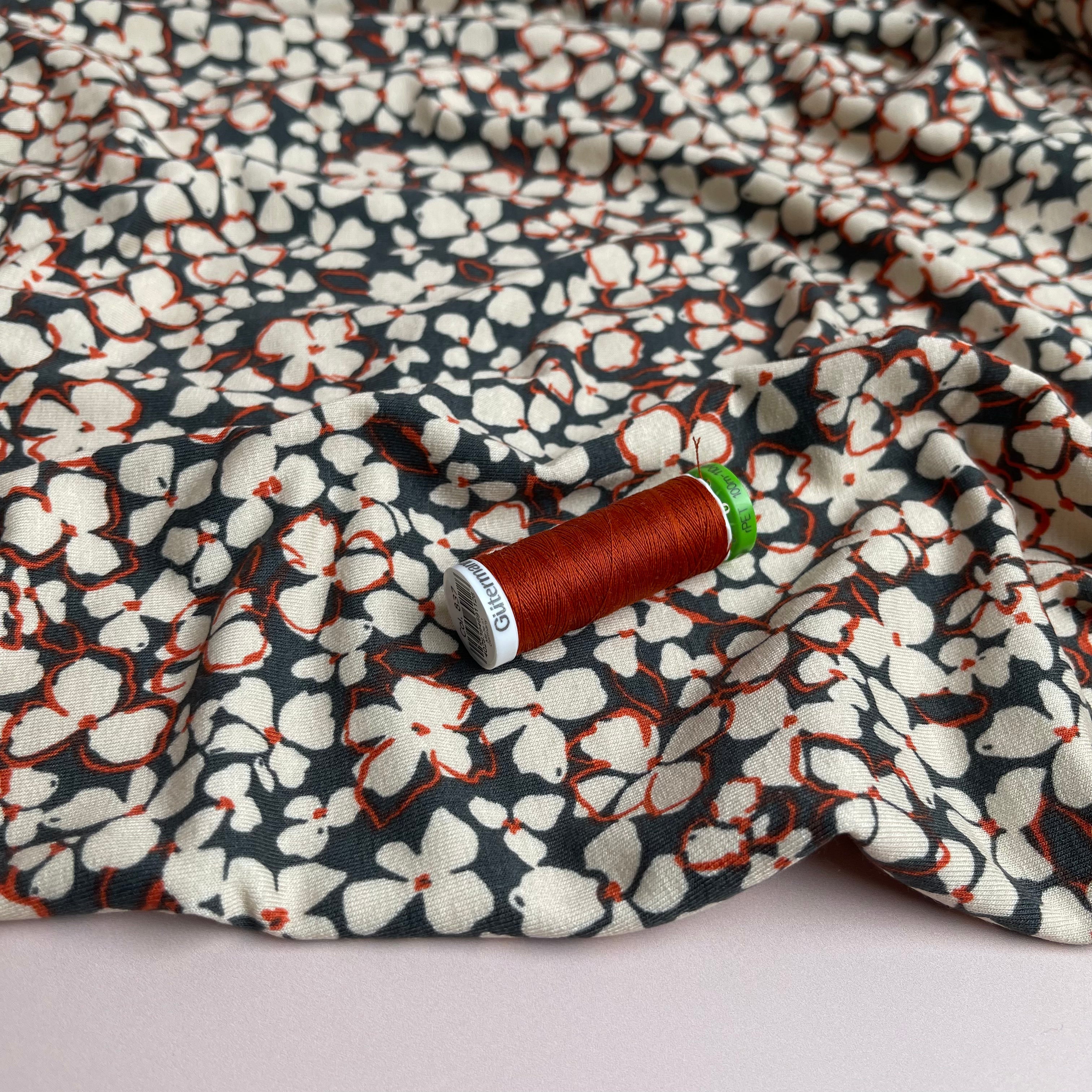 Petals on Grey Viscose Jersey Fabric