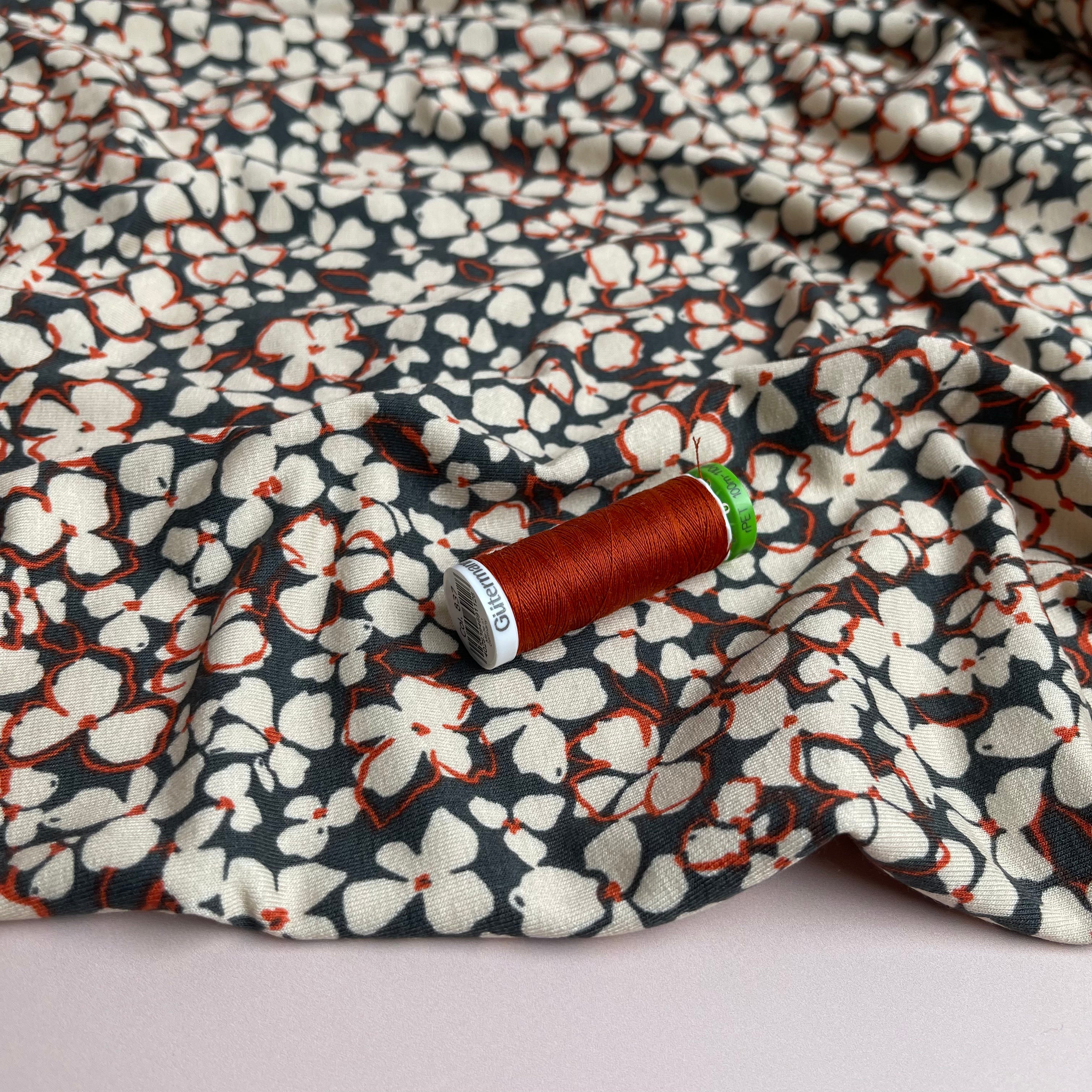 REMNANT 0.58 Metres - Petals on Grey Viscose Jersey Fabric