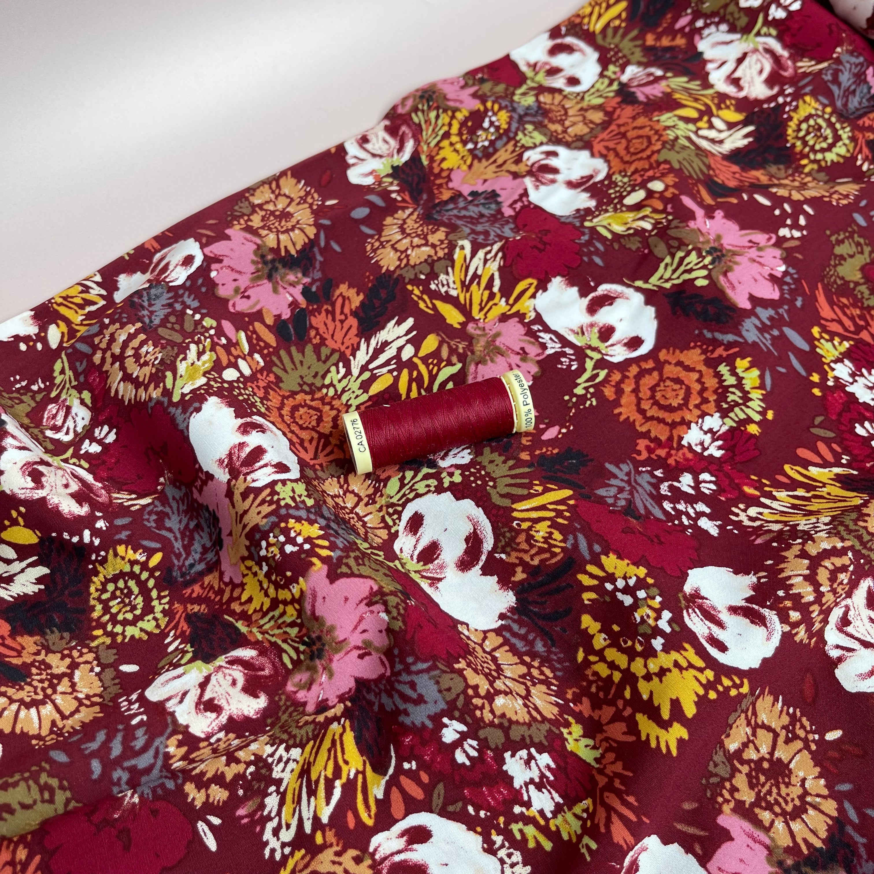 REMNANT 1.66 Metres - Botany on Burgundy Stretch Viscose Poplin Fabric