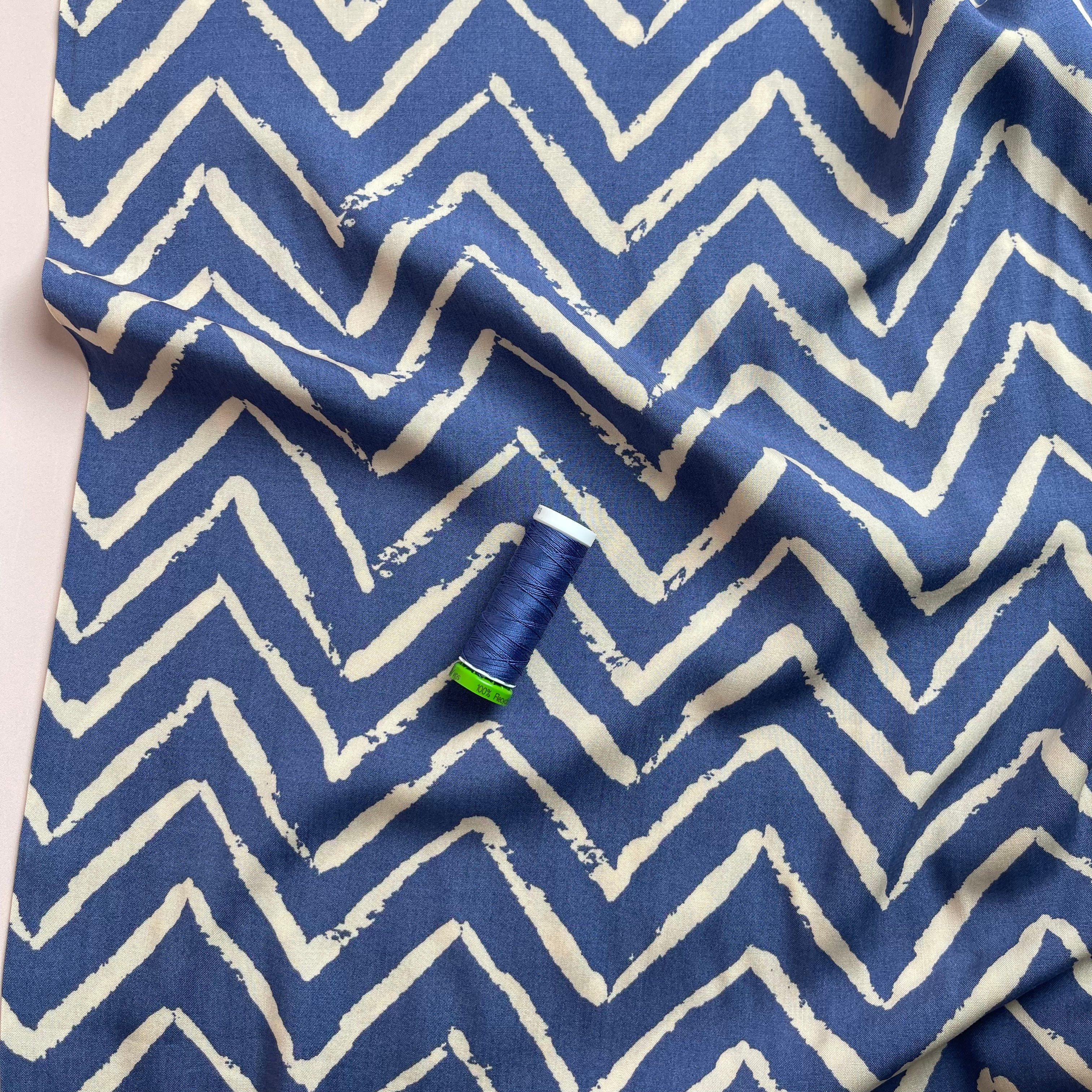 REMNANT 0.45 Metre - Denim Blue ZigZag Viscose Fabric
