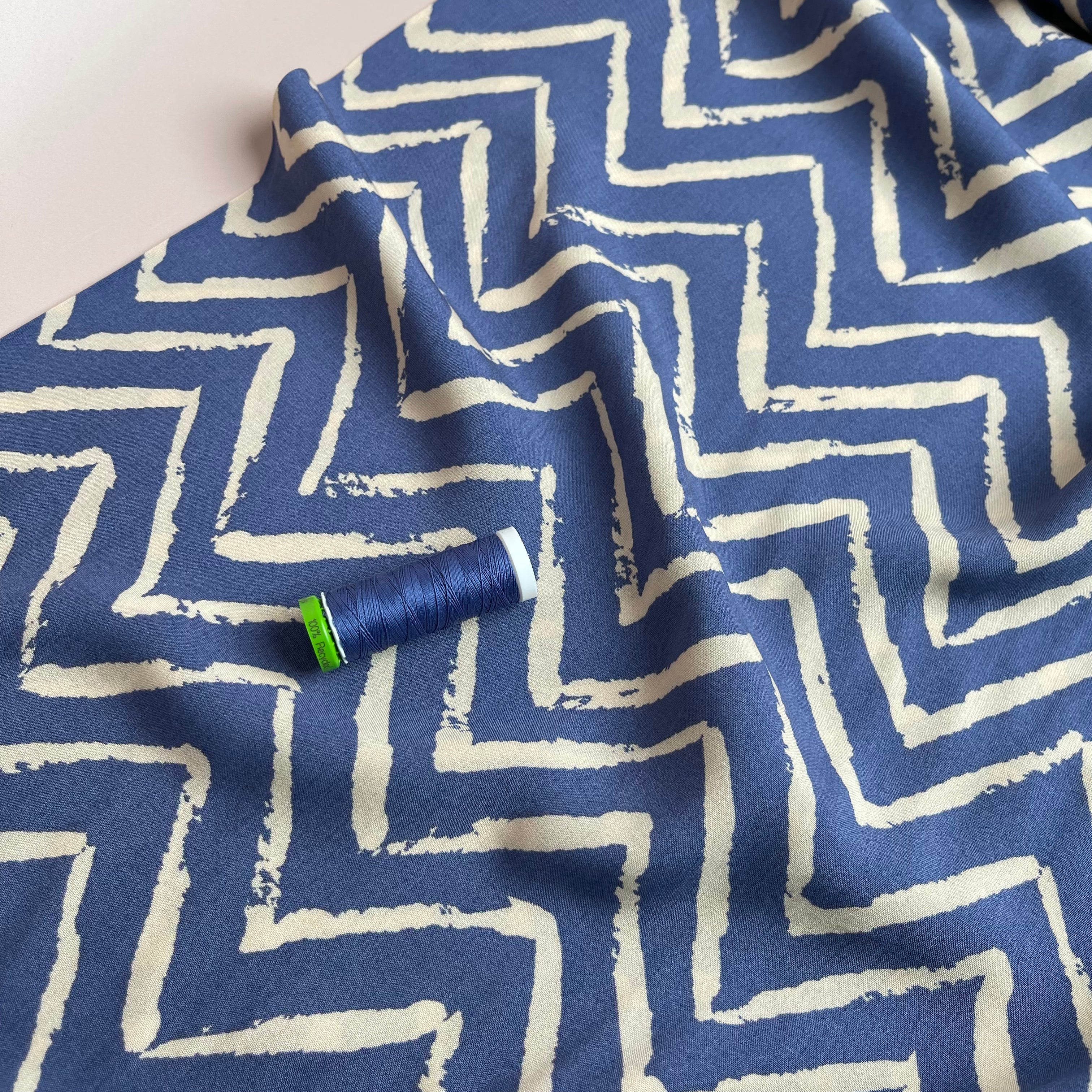 REMNANT 0.45 Metre - Denim Blue ZigZag Viscose Fabric