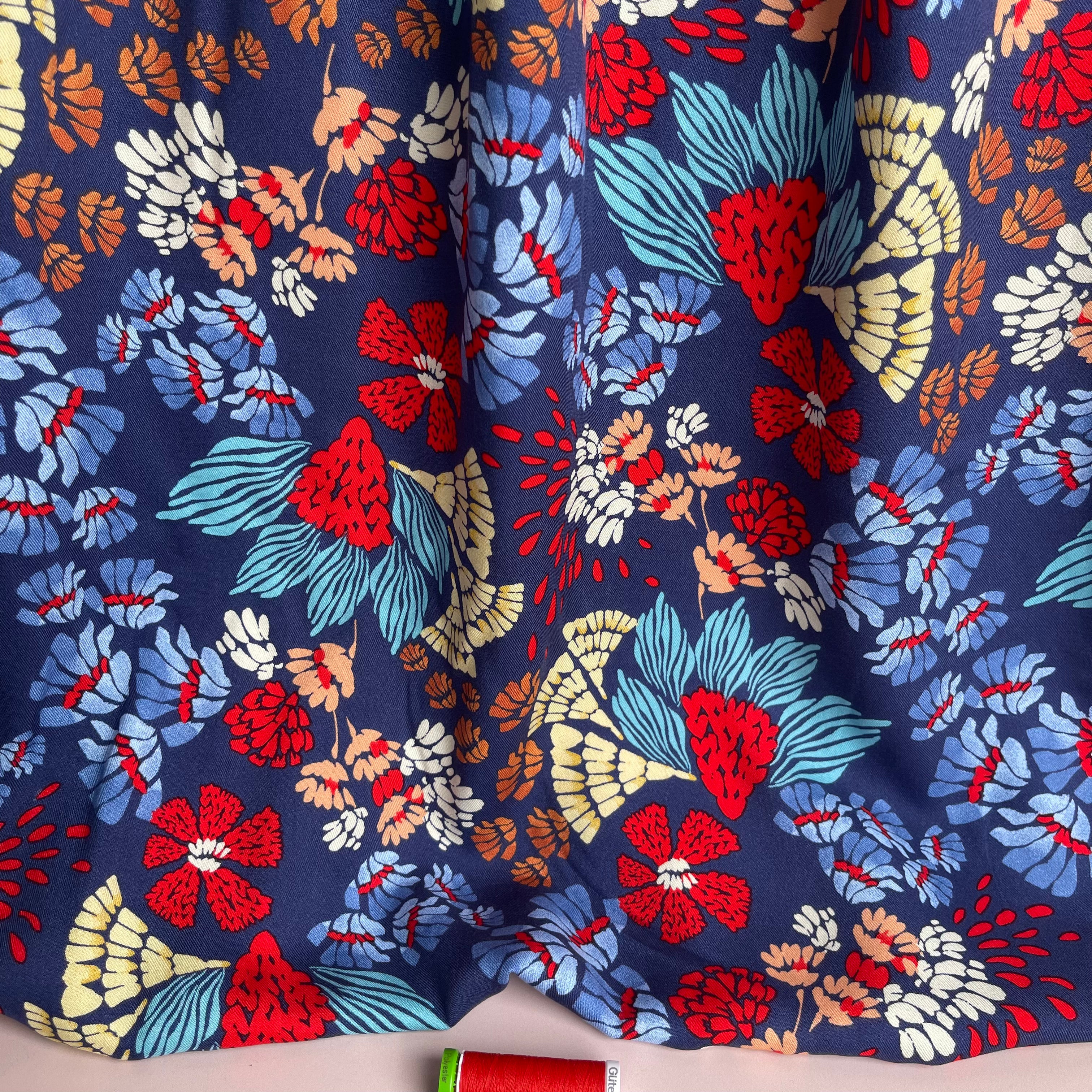 Bold Blue Abstract Flowers Viscose Twill Fabric