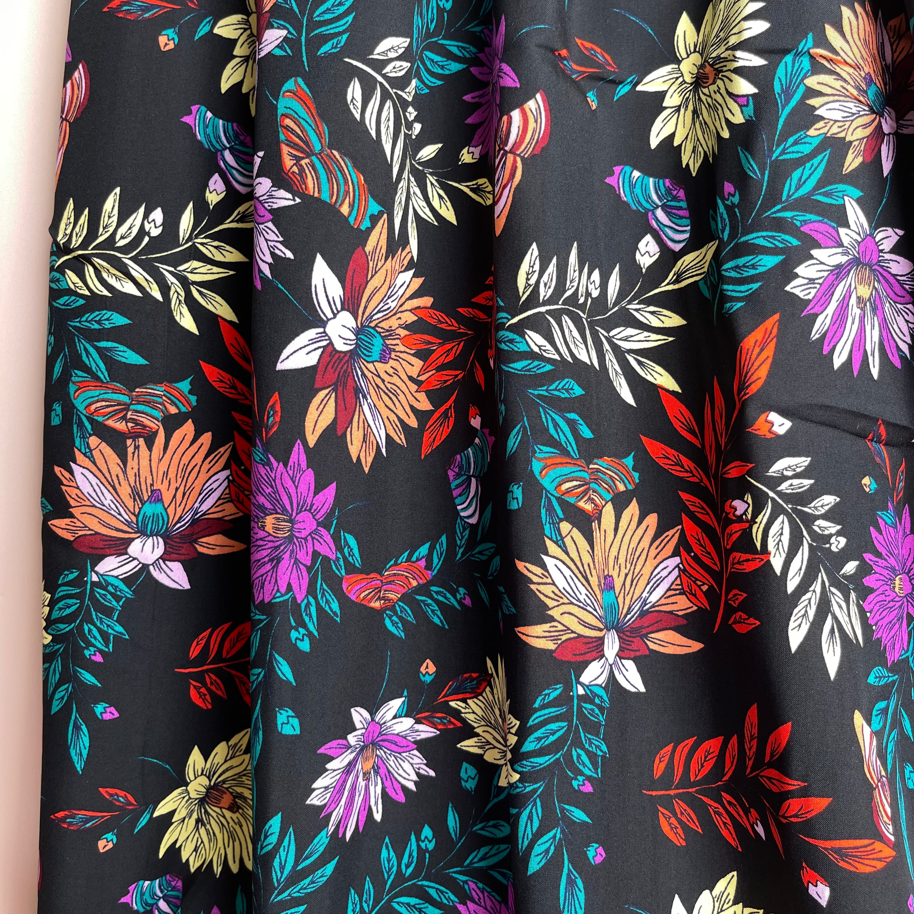 Butterfly Flowers Black Viscose Poplin Fabric