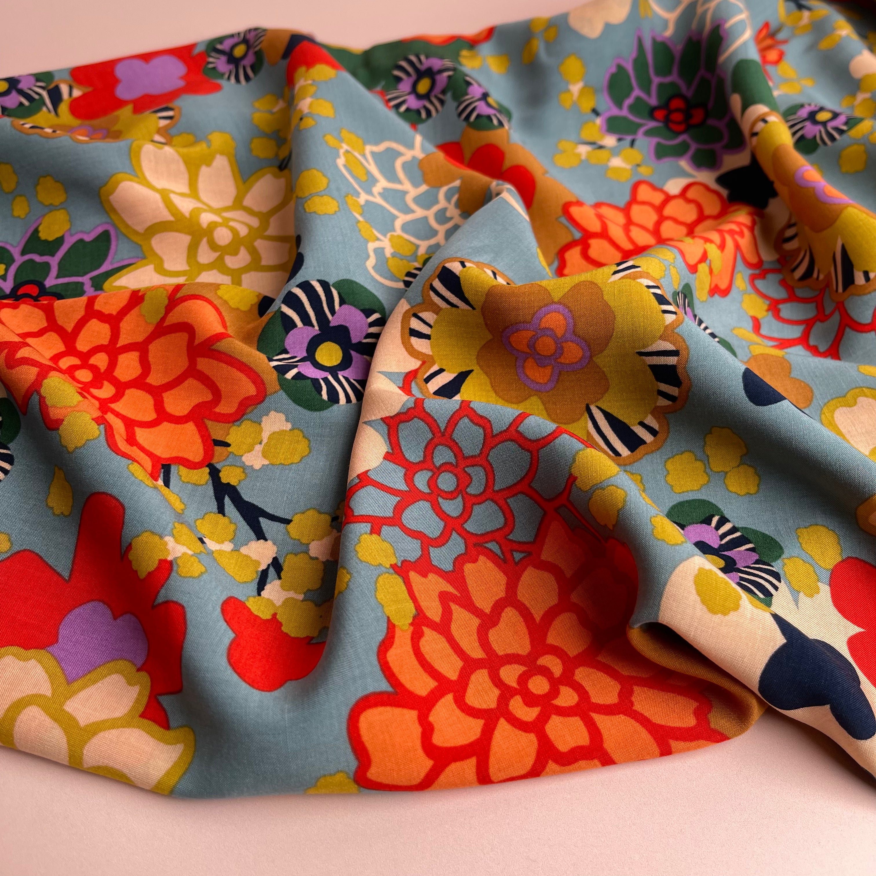 REMNANT 2.02 Metres - Graphic Flowers Viscose Voile Fabric