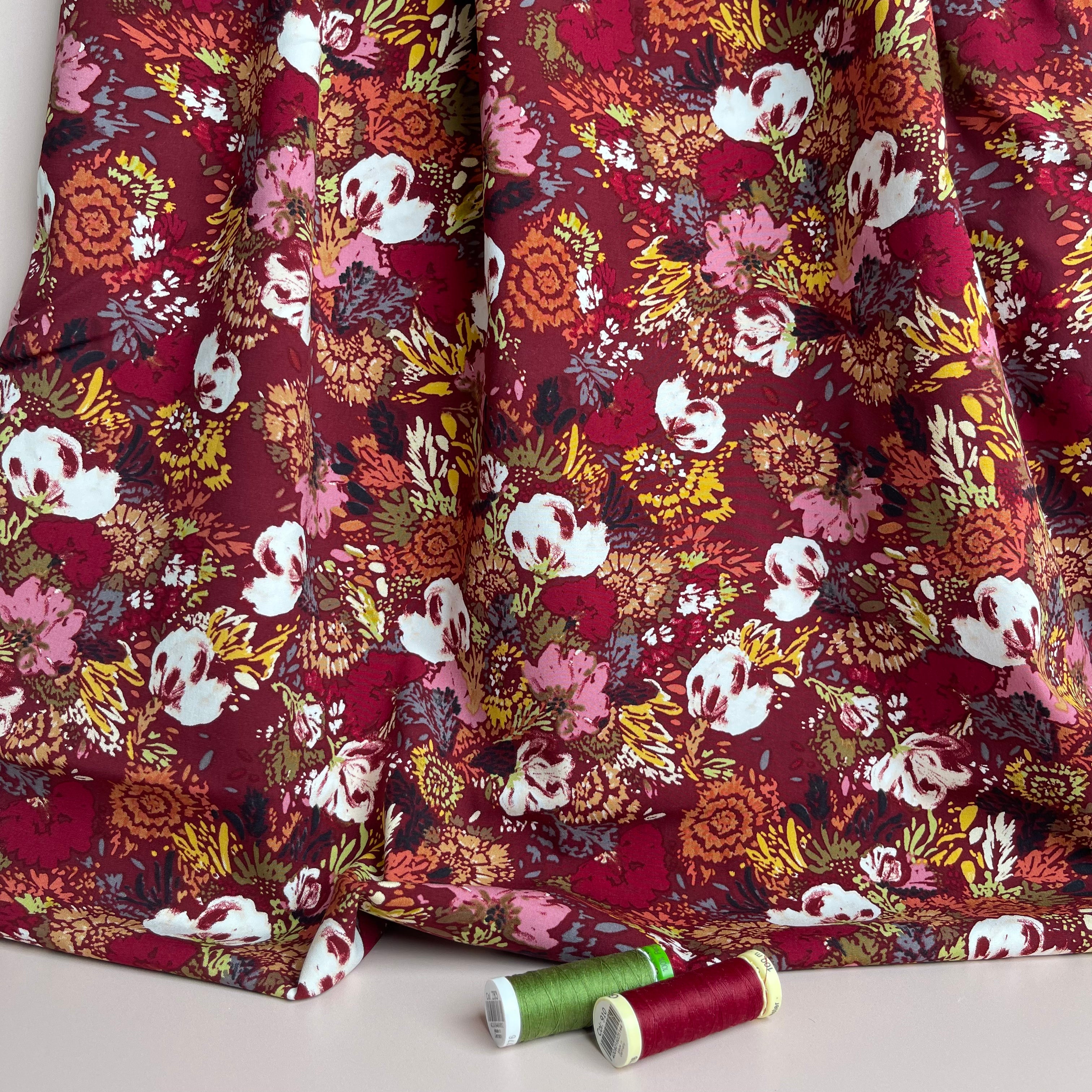 REMNANT 1.66 Metres - Botany on Burgundy Stretch Viscose Poplin Fabric