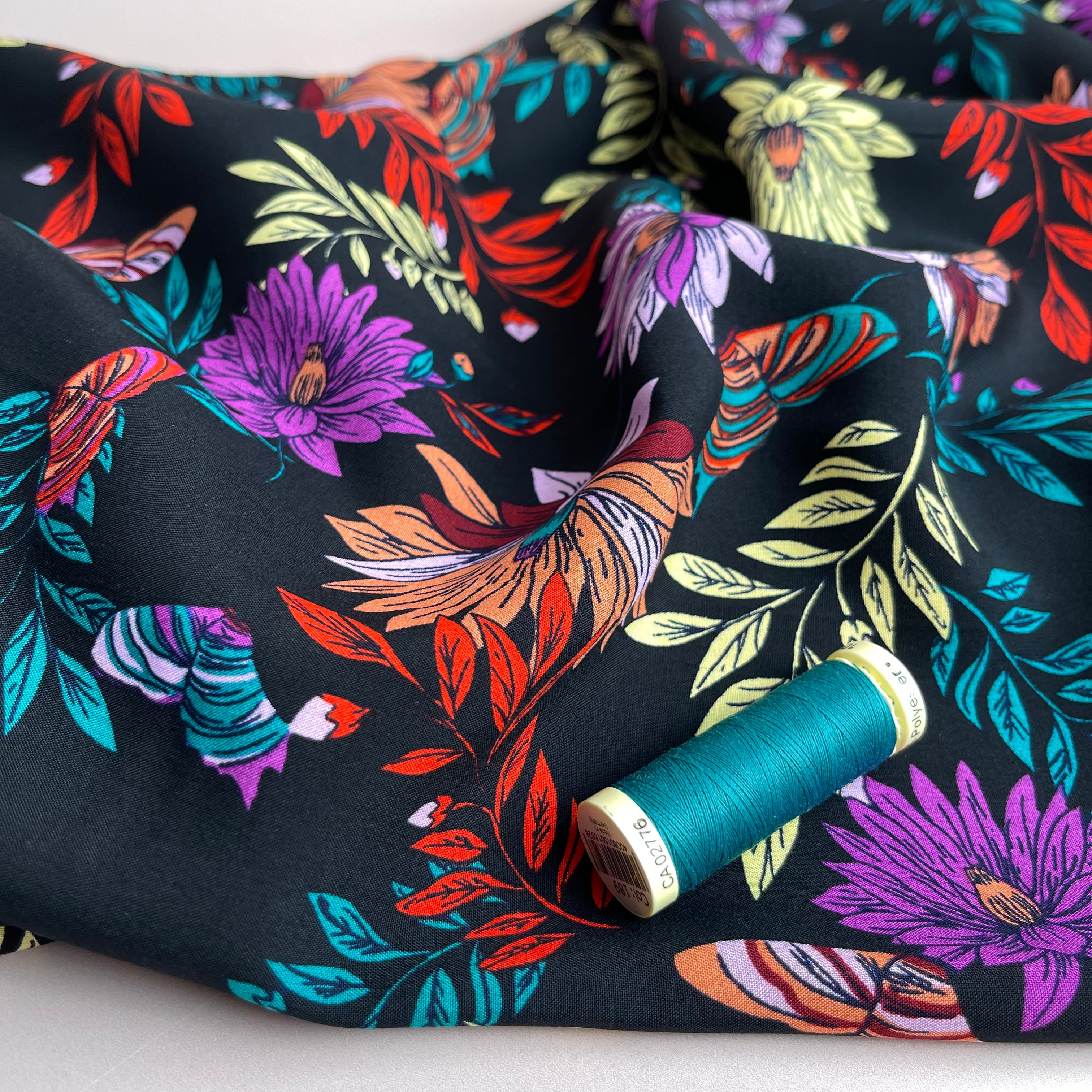Butterfly Flowers Black Viscose Poplin Fabric