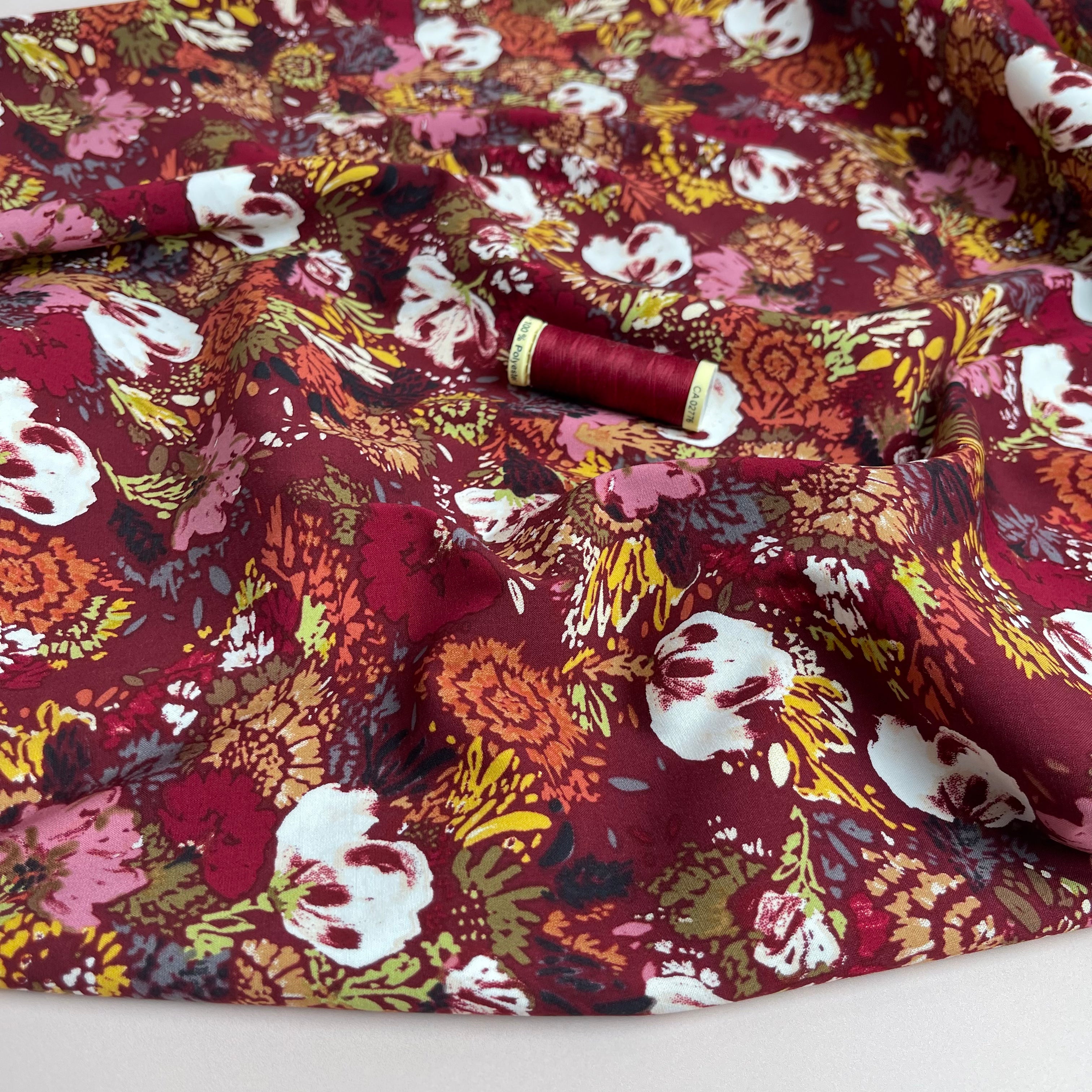 REMNANT 1.66 Metres - Botany on Burgundy Stretch Viscose Poplin Fabric