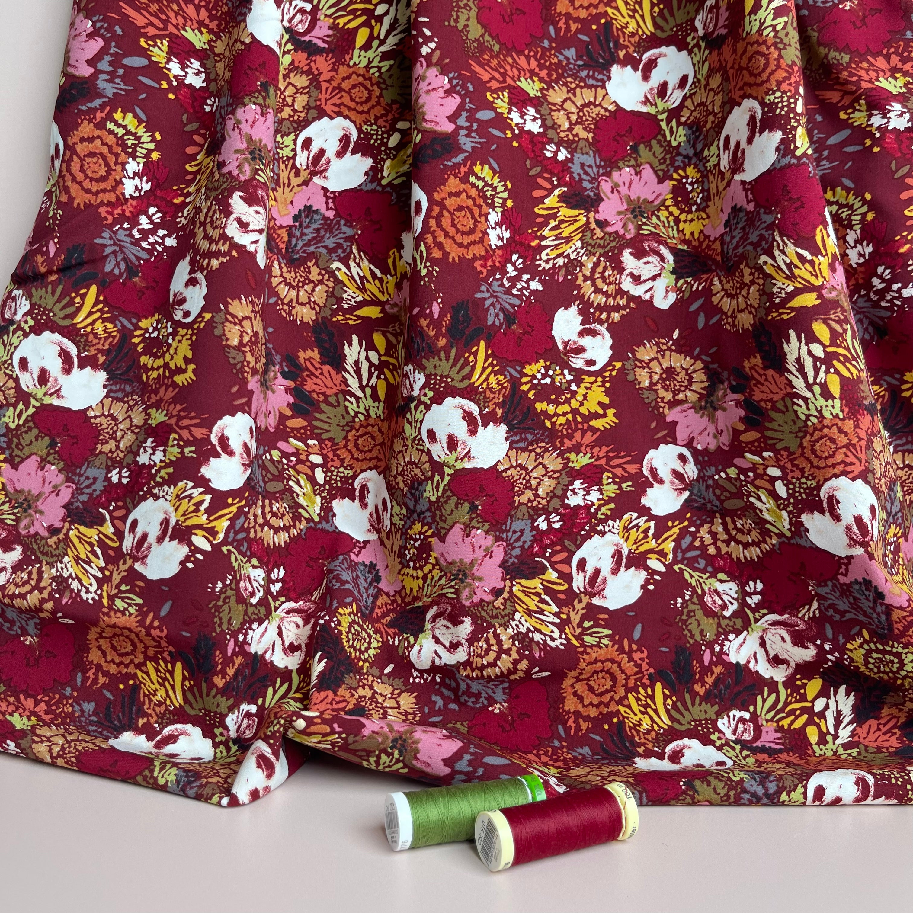 REMNANT 1.66 Metres - Botany on Burgundy Stretch Viscose Poplin Fabric